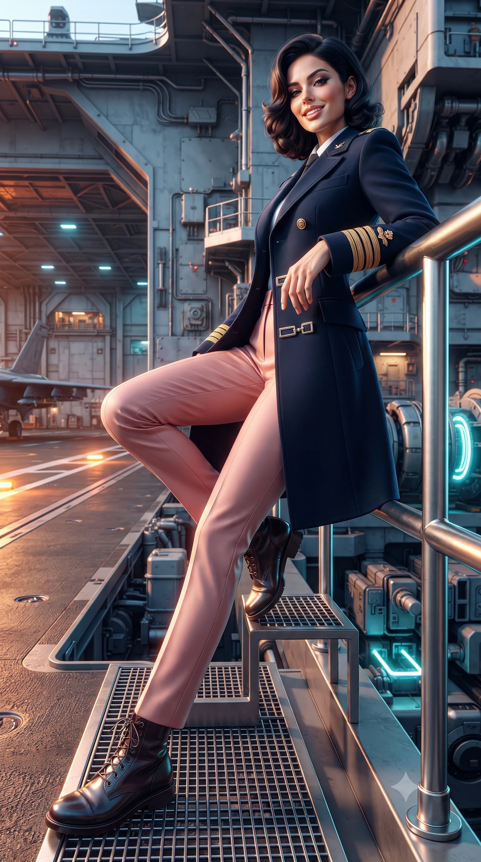 score_9, masterpiece, best quality, ultra-detailed, high-budget anime keyframe, editorial fashion photography, tasteful artistic composition, Caucasian woman. low angle full-body shot from head to toe showing her feet, filling the entire 9:16 vertical frame with her statuesque presence, stretching her vertical silhouette. leaning deep against the balcony balustrade with hips cocked back in an unapologetically alluring high-fashion stance, casting an intoxicating glance while sitting poised on the elevated titanium gantry step with one knee bent, arching her back with confident combat poise and parted glossy lips. The surrounding environment is rendered in vivid detail and crisp panoramic clarity: detailed tactical flight jumpsuit texture, carbon-fiber armor seams, and military aerospace carrier engineering in high resolution. She has an exceptionally tall and slender model-like 8.5-heads proportion, an ultra-slim waist, a flat toned midriff, narrow delicate ribcage, and beautifully sculpted feminine hips creating a graceful, slim hourglass silhouette without any bulky heaviness, with impossibly long slender legs. sharp v-shaped jawline, high-bridge nose, intricate jewel-like sparkling eyes with depth, thick eyelashes, glossy parted lips with a natural peach sheen, bright cheerful beaming smile with an enchanting and coquettish sensual glint, exuding both youthful cute charm and seductive allure, flawlessly proportioned anatomical accuracy, strict slender model proportions, natural body alignment, perfectly sculpted long slender limbs, ultra-slim waistline, clean dynamic posture without body distortion. wearing a tailored flight command officer coat in midnight navy with structured lapels, metallic rank braids, and tailored slim trousers in Solaris liquid rose-quartz and alien peach, crafted from bespoke double-faced cashmere with an exceptionally soft tactile finish, finished with sleek magnetic buckle closures fluttering in the breeze, the impeccably tailored cut draping gracefully along her slender figure with aristocratic poise. bathed in high-voltage orange runway guide strobes contrasted with cold electric-cyan magnetic coil pulses. ultra-reflective glossy finish, specular highlights, rich textural contrasts, high-contrast stereoscopic depth, volumetric dynamic lighting, 2k, ultra detail, master piece, 9:16 ratio