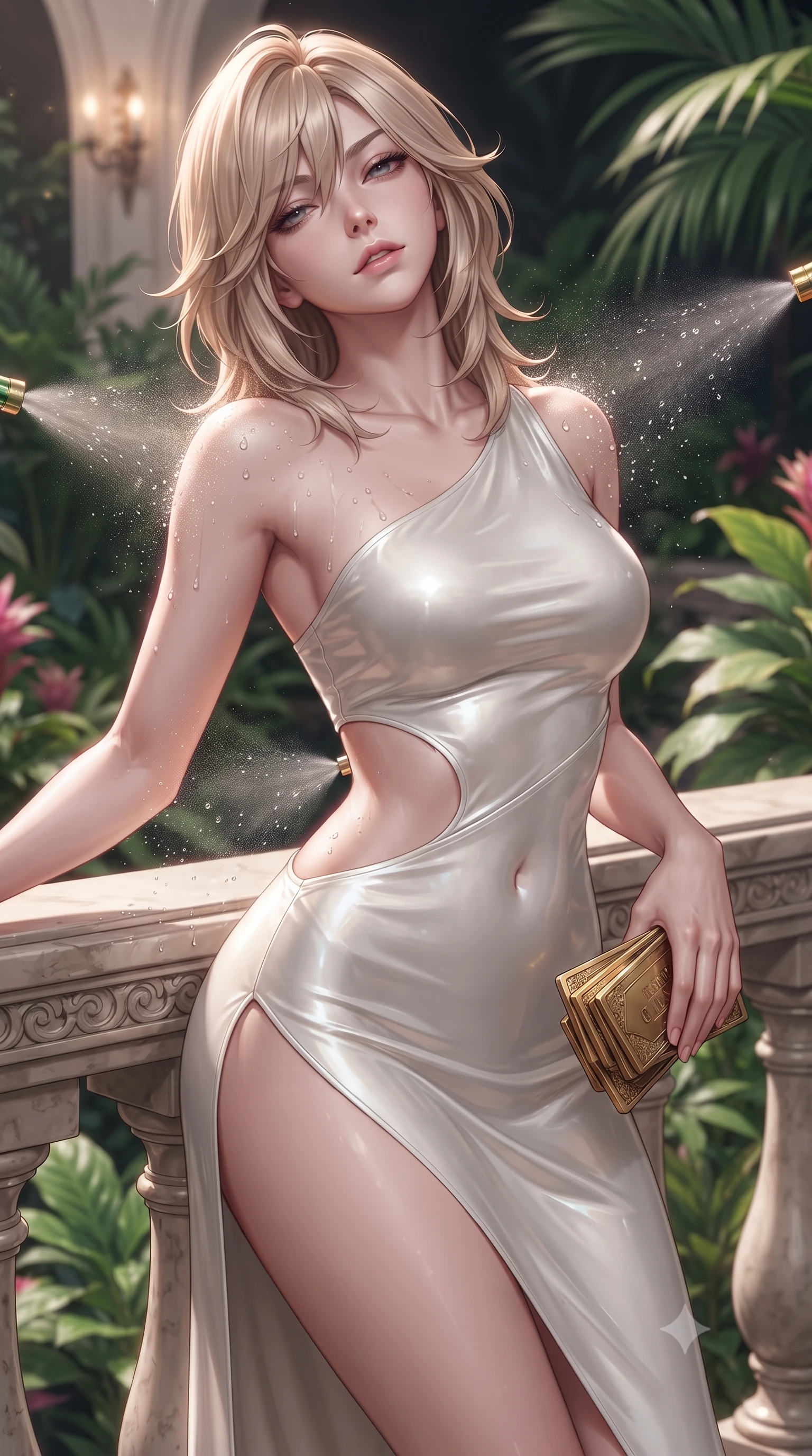 score_9, masterpiece, best quality, ultra-detailed, high-budget anime keyframe, editorial fashion photography, tasteful artistic composition, Japanese woman. close-up cowboy shot from the waist and thighs up, the character dominates the composition, filling the frame with her large presence. leaning back against the balustrade with relaxed seductive grace, head tilted back slightly while casting a hypnotic, heavy-lidded gaze while twisting her slender torso in an alluring S-curve, automated mist nozzles spraying fine dewdrops across her bare shoulders and flat midriff. The surrounding environment is rendered in vivid detail and crisp panoramic clarity: detailed wet-look satin slip dress cling, dewy skin beads, and exotic botanical horticulture in high resolution. She has an exceptionally elegant, slender, and willowy female figure with an ultra-slim waist, flat toned midriff, narrow ribcage, and sculpted feminine hips creating an alluring, slim hourglass silhouette without bulk. sharp v-shaped jawline, high-bridge nose, sparkling eyes with hypnotic seductive depth, thick curled eyelashes, glossy parted lips with a natural dewy peach sheen, alluring bedroom-eyes with an enchanting coquettish smile, exuding magnetic siren charisma and sophisticated glamour, flawlessly proportioned anatomical accuracy, strict slender model proportions, natural body alignment, perfectly sculpted long slender limbs, ultra-slim waistline, clean dynamic posture without body distortion. wearing an asymmetric one-shoulder liquid jersey nymph dress with dramatic hip-high slit and waist cutout in pure pearl alabaster with liquid platinum sheen, woven from buttery-soft stretch lambskin leather adhering to her body like a second skin, accented with a stack of engraved gold casino plaques held loosely in one hand, the liquid-tight tailored fabric clinging flawlessly to her narrow waist and rounded feminine hips, emphasizing every millimeter of her sculpted slim hourglass curves without any bulky heaviness. illuminated by mist particle light scatter and sharp emerald-magenta rim lights defining her razor-sharp jawline, narrow waist, and curvy hips. ultra-reflective glossy finish, specular highlights, rich textural contrasts, high-contrast stereoscopic depth, volumetric dynamic lighting, 2k, ultra detail, master piece, 9:16 ratio