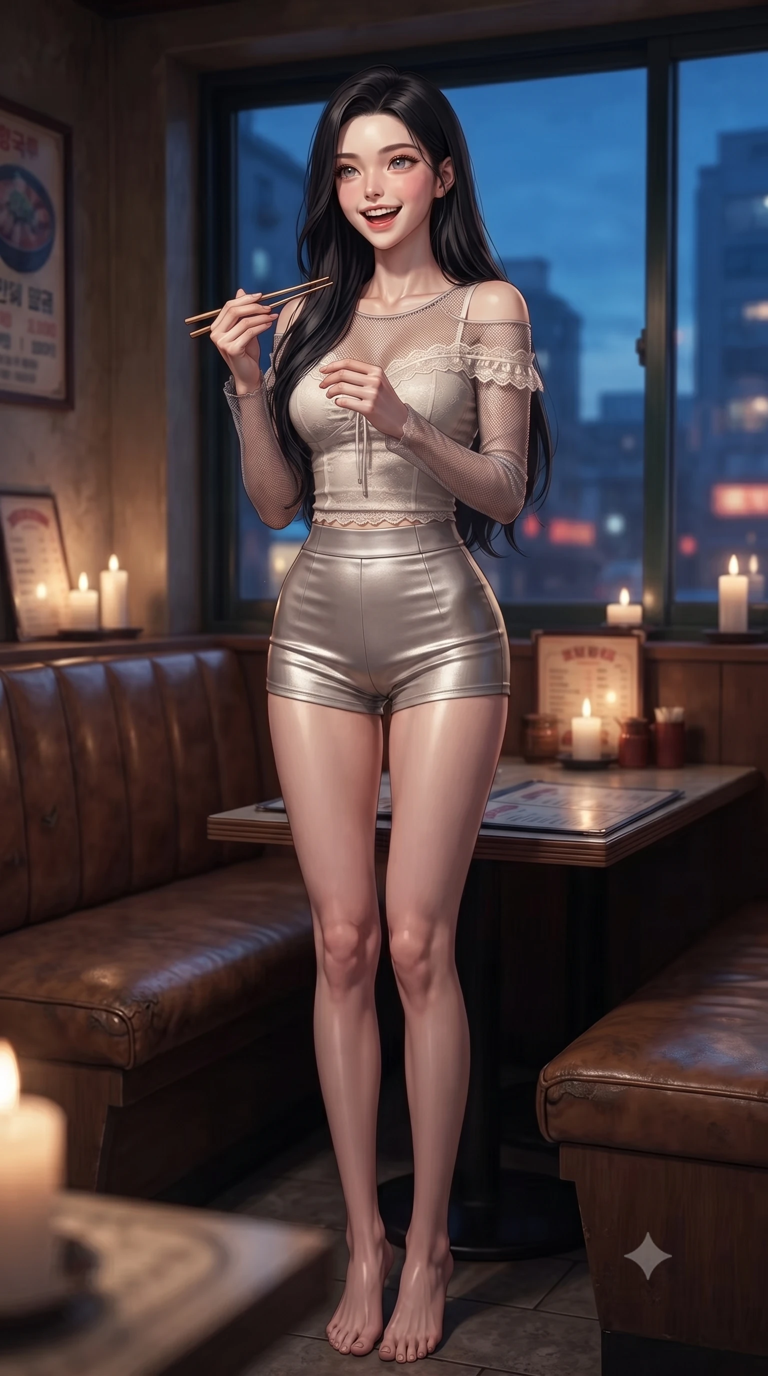 score_9, masterpiece, best quality, ultra-detailed, high-budget anime keyframe, editorial fashion photography, tasteful artistic composition, Korean woman. low angle full-body shot from head to toe showing her feet, filling the entire 9:16 vertical frame with her statuesque presence, stretching her vertical silhouette. standing with a cute, bright pose, tilting her head with a beaming smile set against a soft-focus background of in a cozy traditional diner corner with leather booths and vintage menus holding a pair of chopsticks with a cute, excited look before eating. She has an absolutely perfect, statuesque 8.5-heads proportion, an exceptionally tall and slender model-like female figure with impossibly long slender legs and an ultra-slim waist. sharp v-shaped jawline, high-bridge nose, intricate jewel-like eyes with depth, thick eyelashes, glossy lips with a natural sheen. wearing slim-fit delicate lace-trim off-shoulder blouse paired with a sheer mesh overlay and form-contouring mini shorts. soft candle light clashing with the cool blue city twilight sky outside. ultra-reflective glossy finish, specular highlights, metallic sheen, high-contrast stereoscopic depth, volumetric dynamic lighting, 2k, ultra detail, master piece, 9:16 ratio