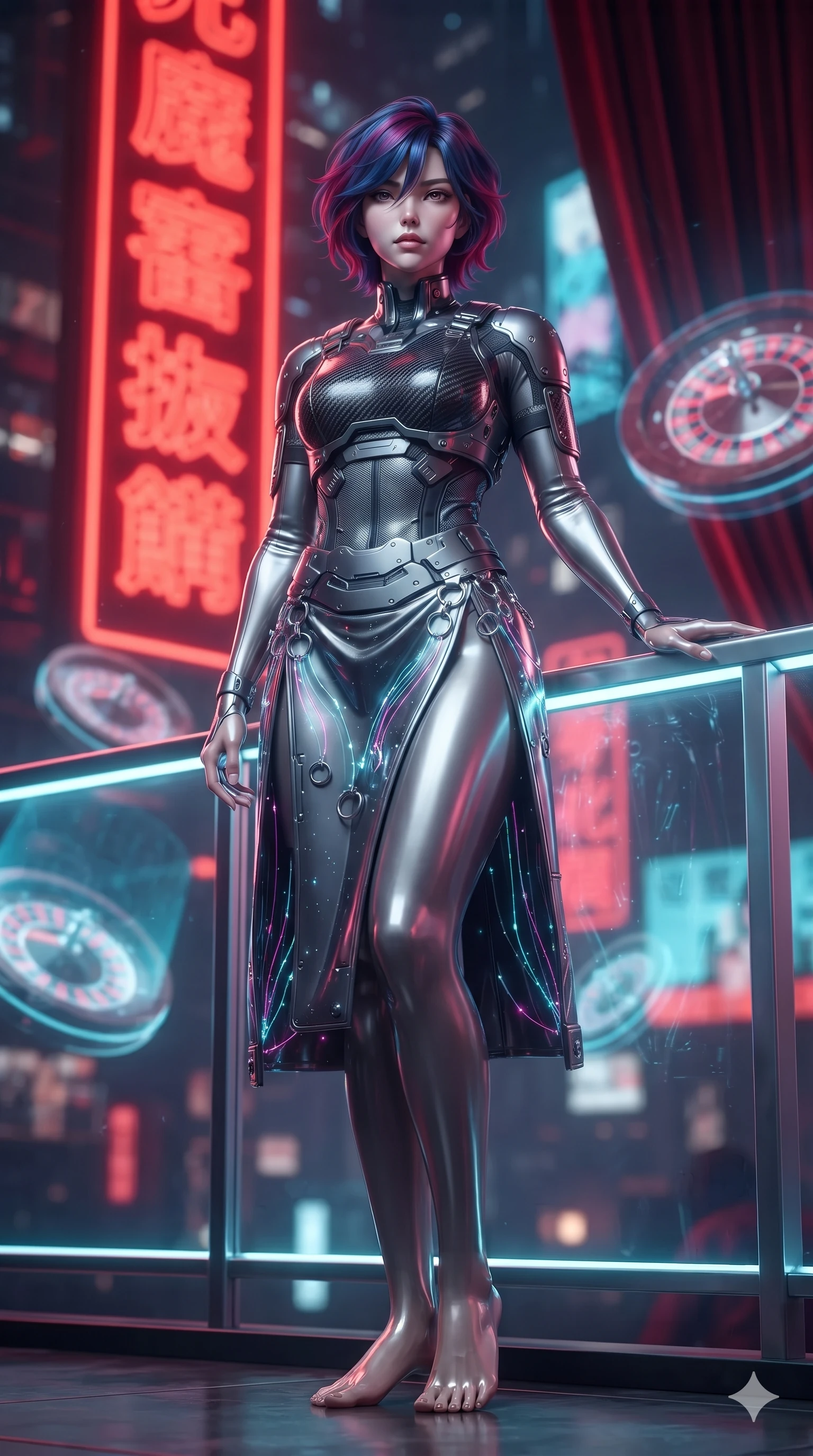 score_9, masterpiece, best quality, ultra-detailed, high-budget anime keyframe, editorial fashion photography, tasteful artistic composition, Korean woman. low angle full-body shot from head to toe showing her feet, filling the entire 9:16 vertical frame with her statuesque presence, stretching her vertical silhouette. standing in a tall, confident posture with one hand on a glowing metal railing, stretching her statuesque body as she arches her lower back to emphasize her sculpted feminine hips and slender waist while lounging in a plush scarlet velvet VIP booth propped on one elbow with legs crossed, flashing an intoxicating smile with parted glossy lips. The background shows a soft-focus massive vertical scarlet neon kanji signs, floating holographic roulette wheels, and plush velvet curtains blurred into deep scarlet, vermilion, and obsidian bokeh. She has an absolutely perfect, statuesque 8.5-heads proportion, an exceptionally tall and slender model-like female figure with impossibly long slender legs, an ultra-slim waist, a flat toned midriff, narrow delicate ribcage, and beautifully sculpted feminine hips creating a graceful, slim hourglass silhouette without any bulky heaviness. sharp v-shaped jawline, high-bridge nose, intricate jewel-like sparkling eyes with depth, thick eyelashes, glossy parted lips with a natural sheen, bright confident smile with an enchanting and coquettish sensual glint, exuding both youthful magnetic charm and sovereign high-tech allure, flawlessly proportioned anatomical accuracy, strict slender model proportions, natural body alignment, perfectly sculpted long slender limbs, ultra-slim waistline, clean dynamic posture without body distortion. wearing a cyber-samurai tactical suit featuring a shortened carbon chestplate and high-slit armored wrap skirt in metallic graphite and starlight platinum, adorned with delicate chrome ring hardware and cutouts along her slender waist, accented with illuminated micro-fiber optic circuit threads tracing along her ribs and spine, the high-slit tactical tailoring accentuating her ultra-slim waistline and the enchanting curve of her feminine hips with alluring seductive charm. bathed in the sensual, intimate glow of scarlet and neon crimson tubes mixed with crisp cyan holographic table projections. ultra-reflective glossy finish, specular highlights, rich textural contrasts, high-contrast stereoscopic depth, volumetric dynamic lighting, 2k, ultra detail, master piece, 9:16 ratio
