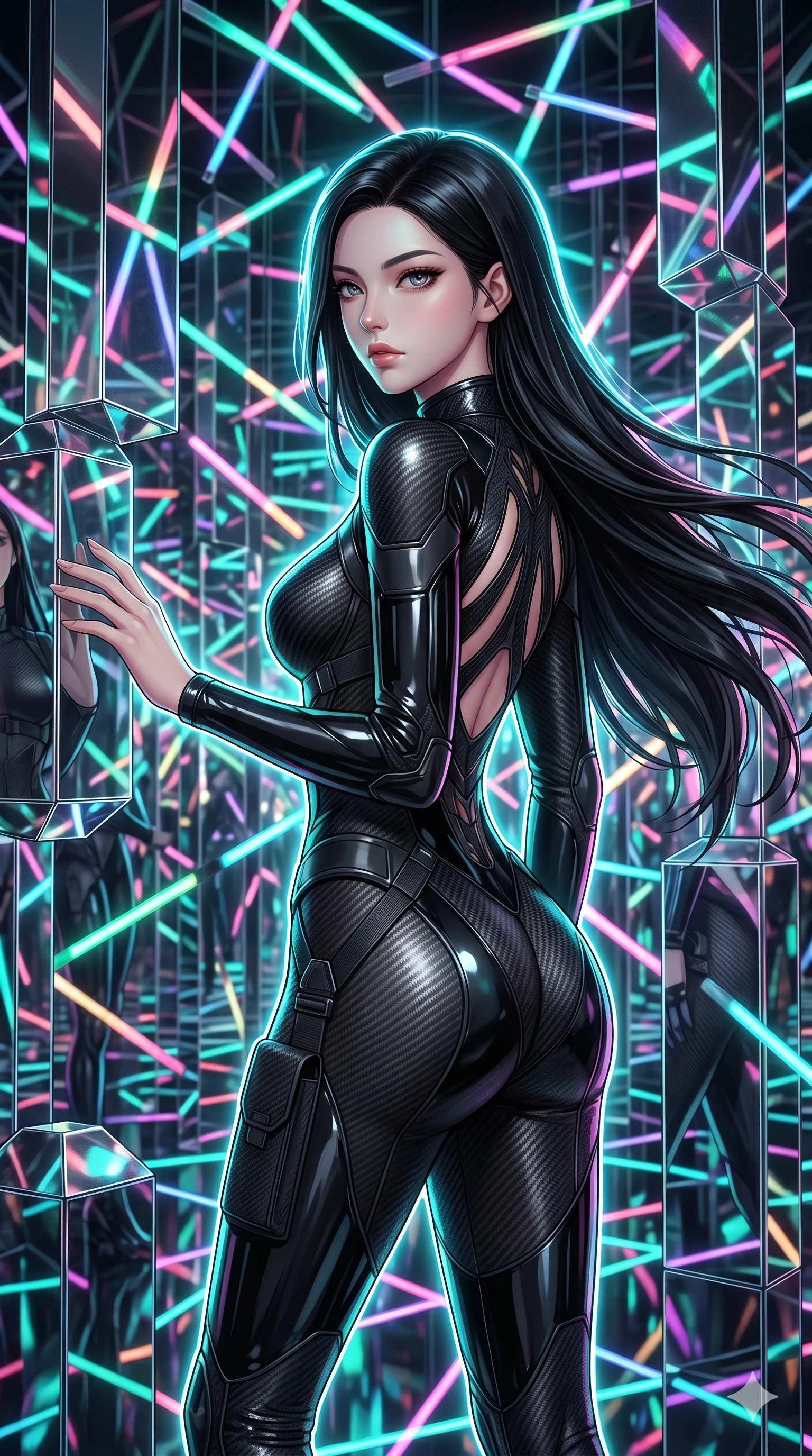 score_9, masterpiece, best quality, ultra-detailed, high-budget anime keyframe, Korean woman. upper body close-up from the thighs up, character filling the screen for maximum presence. navigating a kinetic light-sculpture mirror maze, passing between floating chromium mirror pillars and rotating LED sticks. She has an absolutely perfect 8-heads proportion, an exceptionally tall and slender female figure with impossibly long slender legs and an ultra-slim waist. V-shaped jawline, high-bridge nose, intricate jewel-like eyes with depth, thick eyelashes, glossy lips with a natural sheen.. wearing a second-skin carbon fiber combat suit, featuring matte carbon fiber and glossy latex panels with elegant slitted cutouts on the upper back. bathed in brilliant cinematic volumetric lighting and intense neon rim light highlighting her slender form. 2k, ultra detail, master piece, 9:16 ratio