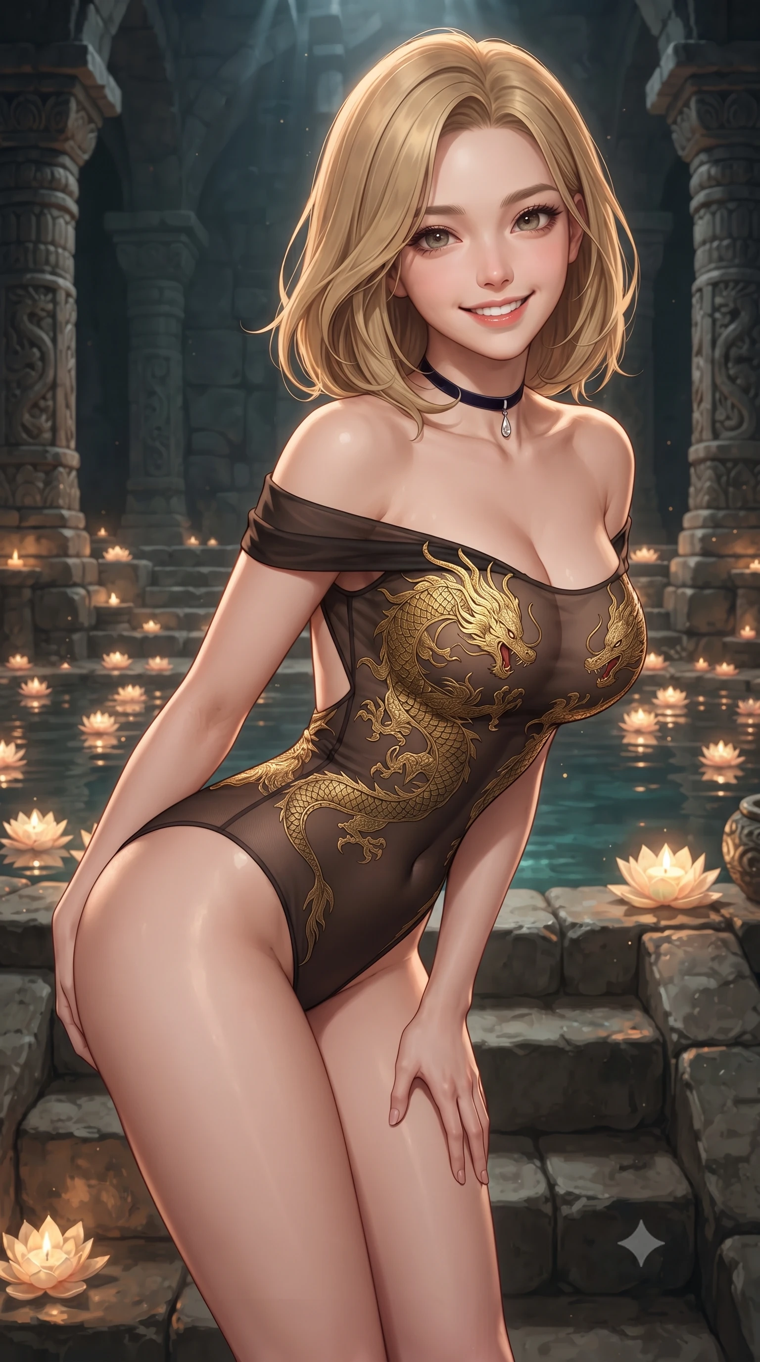 score_9, masterpiece, best quality, ultra-detailed, high-budget anime keyframe, editorial fashion photography, tasteful artistic composition, Korean woman. close-up cowboy shot from the waist and thighs up, the character dominates the composition, filling the frame with her large presence. leaning forward while arching her lower back to accentuate her curvy hips, looking into the camera with an intoxicating smoldering gaze and bedroom-eyes while standing poised on the ancient megalithic stone steps of the subterranean spring, arching her spine with timeless siren dominance as candlelight flickers on stone carvings. The surrounding environment is rendered in vivid detail and crisp panoramic clarity: detailed form-contouring sheer pleated georgette baby-doll slip, scalloped lace trim, and ancient Japanese masonry in high resolution. She has an exceptionally elegant, slender, and willowy female figure with an ultra-slim waist, flat toned midriff, narrow ribcage, and sculpted feminine hips creating an alluring, slim hourglass silhouette without bulk. sharp v-shaped jawline, high-bridge nose, intricate jewel-like sparkling eyes with depth, thick eyelashes, glossy parted lips with a natural peach sheen, bright cheerful beaming smile with an enchanting and coquettish sensual glint, exuding both youthful cute charm and seductive allure, flawlessly proportioned anatomical accuracy, strict slender model proportions, natural body alignment, perfectly sculpted long slender limbs, ultra-slim waistline, clean dynamic posture without body distortion. wearing an off-the-shoulder sheer illusion mesh evening bodysuit with gold dragon-scale embroidery contouring her hourglass waist in Hakone steaming sulfur amber and volcanic basalt black, crafted from fluid liquid silk satin that clings smoothly to her narrow waist and rounded hips with a dewy sheen, finished with a thin velvet ribbon choker and a single teardrop diamond pendant, the precision-cut side openings and low-back scoop framing her graceful spine and the sensual sweep of her slim, toned hips. bathed in the magical dancing 2100K radiance of hundreds of flickering lotus candles floating on the thermal pool. ultra-reflective glossy finish, specular highlights, rich textural contrasts, high-contrast stereoscopic depth, volumetric dynamic lighting, 2k, ultra detail, master piece, 9:16 ratio