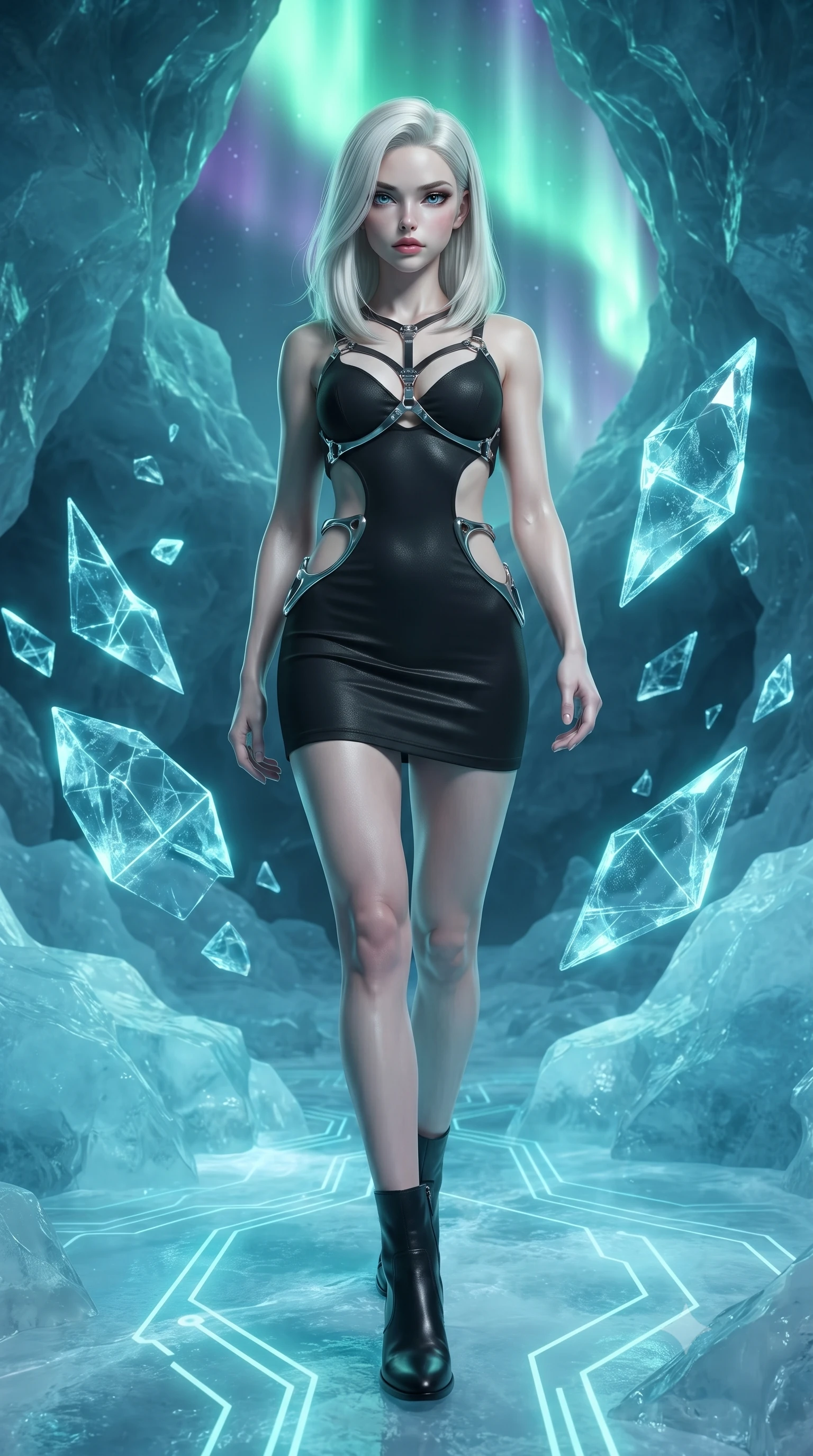 score_9, masterpiece, best quality, ultra-detailed, high-budget anime keyframe, editorial fashion photography, tasteful artistic composition, Caucasian woman. low angle full-body shot from head to toe showing her feet, filling the entire 9:16 vertical frame with her statuesque presence, stretching her vertical silhouette. stepping forward with proud posture, filling the vertical frame with her magnetic presence interacting with floating ice shards refracting glowing cyan neon circuitry, neon cyan circuit lines glowing softly beneath translucent glacial ice. She has an absolutely perfect, statuesque 8.5-heads proportion, an exceptionally tall and slender model-like female figure with impossibly long slender legs and an ultra-slim waist. sharp v-shaped jawline, high-bridge nose, intricate jewel-like eyes with depth, thick eyelashes, glossy lips with a natural sheen. wearing a dramatic open-waist cutout mini dress in matte black framed by sculptural chrome hardware, the tailored fabric tightly following every curve of her athletic build. illuminated by vivid cyan circuit glow and brilliant green-violet aurora light. ultra-reflective glossy finish, specular highlights, metallic sheen, high-contrast stereoscopic depth, volumetric dynamic lighting, 2k, ultra detail, master piece, 9:16 ratio
