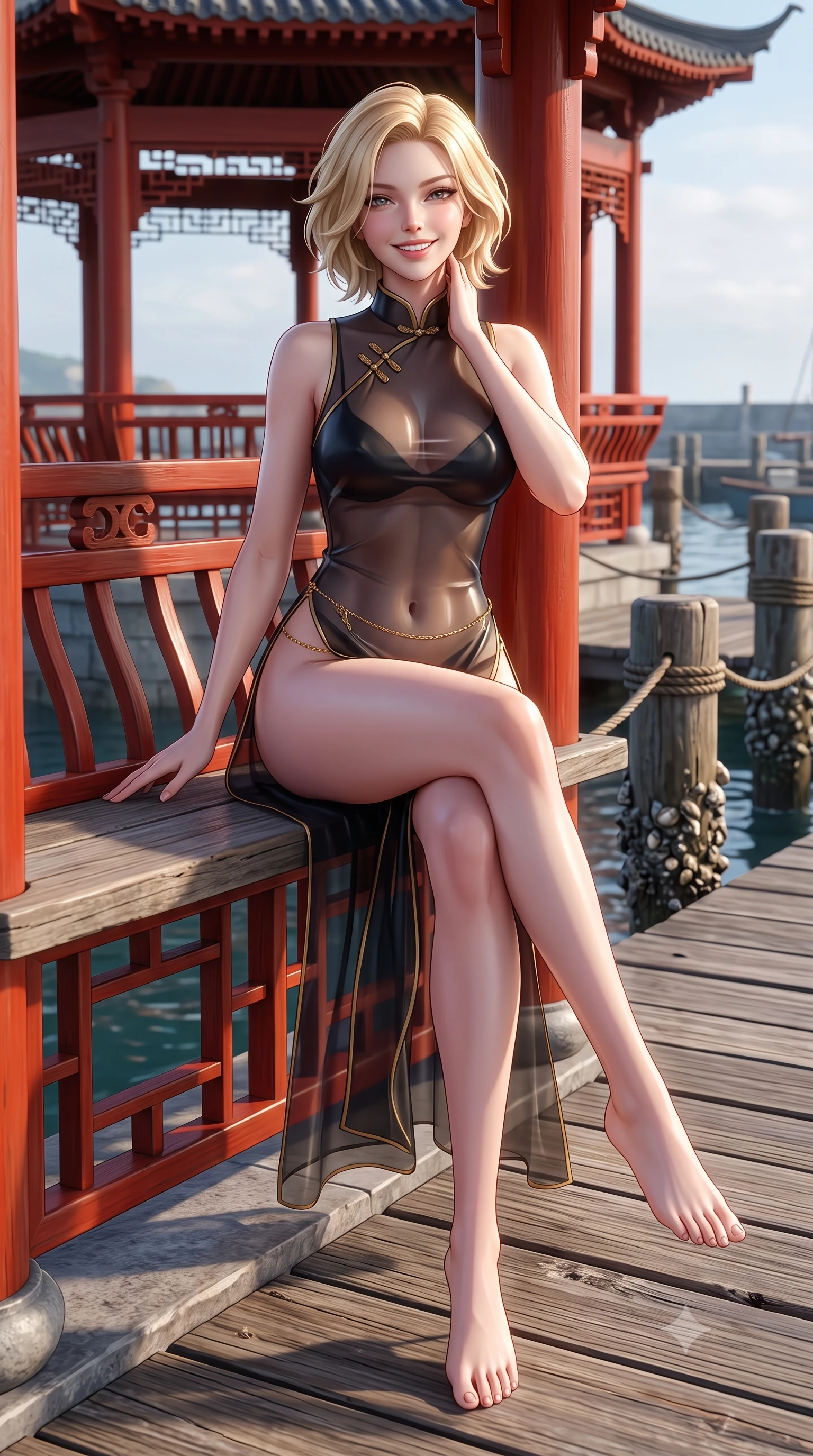 score_9, masterpiece, best quality, ultra-detailed, high-budget anime keyframe, semi-realistic 3D game render, editorial fashion photography, tasteful artistic composition, Caucasian woman. low angle full-body shot from head to toe showing her feet, filling the entire 9:16 vertical frame with her statuesque presence, stretching her vertical silhouette. stepping forward in a confident stride, her long slender legs and curvaceous hips creating a dynamic, sweeping vertical line while sitting gracefully on the pavilion bench with legs crossed, running one manicured hand slowly down her neck with teasing seductive charm. The surrounding environment is rendered in vivid detail and crisp panoramic clarity: sharp vermilion lacquered joinery, weathered wood boardwalk grain, and shellfish barnacles on mooring posts in deep focus. She has an exceptionally tall and slender model-like 8.5-heads proportion, an ultra-slim waist, a flat toned midriff, narrow delicate ribcage, and beautifully sculpted feminine hips creating a graceful, slim hourglass silhouette without any bulky heaviness, with impossibly long slender legs. sharp v-shaped jawline, high-bridge nose, intricate jewel-like sparkling eyes with depth, thick eyelashes, glossy parted lips with a natural peach sheen, bright cheerful beaming smile with an enchanting and coquettish sensual glint, exuding both youthful cute charm and seductive allure, flawlessly proportioned anatomical accuracy, strict slender model proportions, natural body alignment, perfectly sculpted long slender limbs, ultra-slim waistline, clean dynamic posture without body distortion. wearing a provocative sheer silk organza modern qipao dress with dramatic hip-high side slits and translucent mesh frog-button bodice in deep midnight obsidian black and liquid champagne gold, crafted from translucent silk organza with an ethereal crystalline sheen, accented with a dainty gold belly chain resting across her flat midriff and curving hips, the liquid-tight tailored fabric clinging flawlessly to her narrow waist and rounded feminine hips, emphasizing every millimeter of her sculpted slim hourglass curves without any bulky heaviness. illuminated by sea water specular highlights and sharp rose-gold rim lights sculpting her dewy collarbones, ultra-slim waist, and curvy hips. highly saturated vibrant anime colors, detailed shading with soft gradients, rich glossy textures, high-contrast stereoscopic depth, volumetric dynamic lighting, master piece, 9:16 ratio