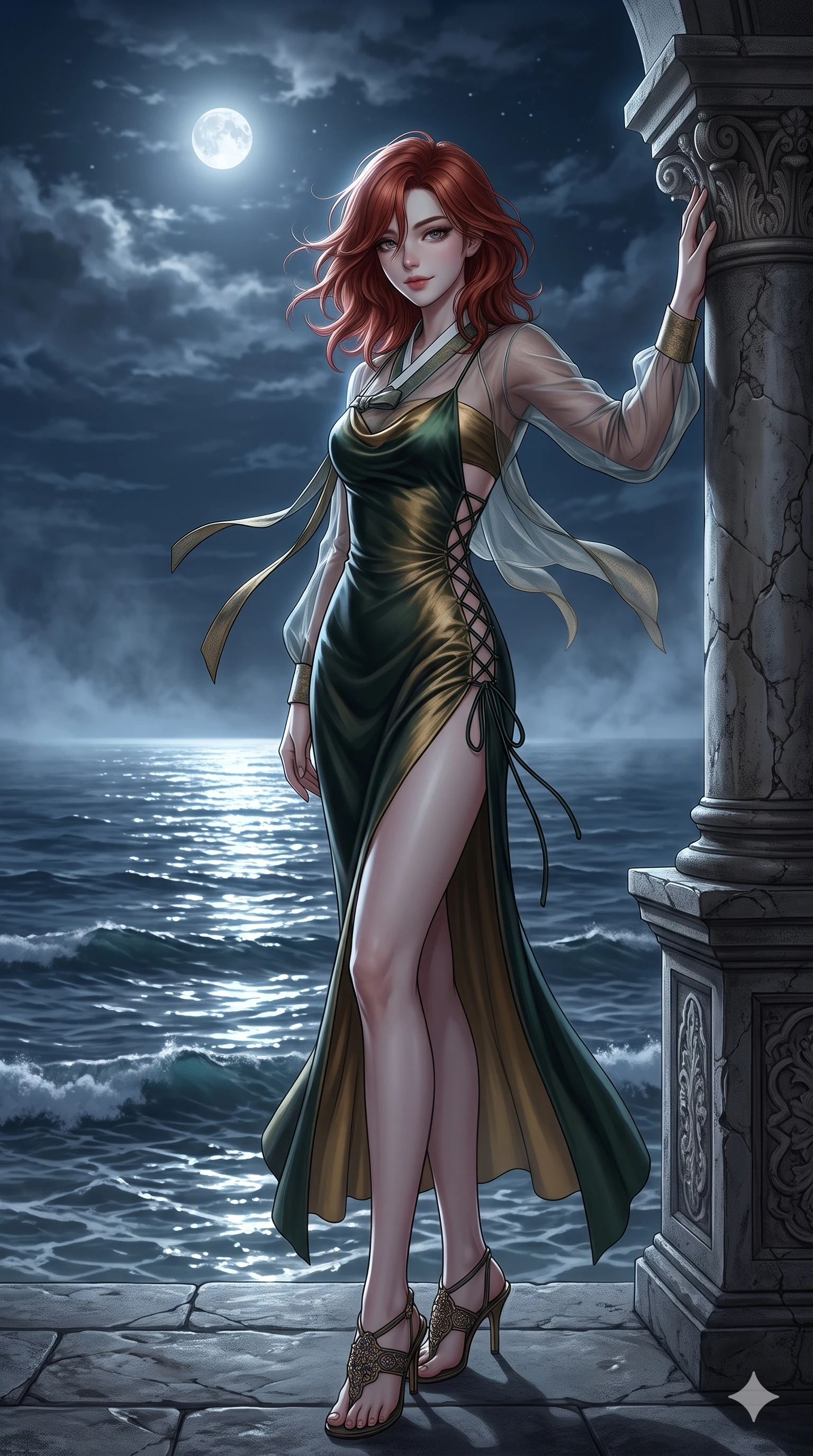 score_9, masterpiece, best quality, ultra-detailed, high-budget anime keyframe, editorial fashion photography, tasteful artistic composition, Korean woman. low angle full-body shot from head to toe showing her feet, filling the entire 9:16 vertical frame with her statuesque presence, stretching her vertical silhouette. standing tall beside the architectural column, one hand resting high while arching her lower back to emphasize her sculpted feminine hips and slender waist while standing tall against the panoramic coastal opening, stretching her statuesque body as maritime breezes whip through her hair. The surrounding environment is rendered in vivid detail and crisp panoramic clarity: detailed sheer gossamer hanbok blouse tailoring, silk bandeau, and historic coastal construction in razor-sharp clarity. She has an absolutely perfect, statuesque 8.5-heads proportion, an exceptionally tall and slender model-like female figure with impossibly long slender legs, an ultra-slim waist, a flat toned midriff, narrow delicate ribcage, and beautifully sculpted feminine hips creating a graceful, slim hourglass silhouette without any bulky heaviness. sharp v-shaped jawline, high-bridge nose, sparkling eyes with hypnotic seductive depth, thick curled eyelashes, glossy parted lips with a natural dewy peach sheen, alluring bedroom-eyes with an enchanting coquettish smile, exuding magnetic siren charisma and sophisticated glamour, flawlessly proportioned anatomical accuracy, strict slender model proportions, natural body alignment, perfectly sculpted long slender limbs, ultra-slim waistline, clean dynamic posture without body distortion. wearing a form-contouring gossamer silk chiffon slip dress with hip-high slit and open cowl back clinging with evening mist in dark emerald forest and brushed antique gold, featuring fine criss-cross lace-up side ties revealing tantalizing glimpses of her hip curve, featuring fine criss-cross lace-up side ties revealing tantalizing glimpses of her hip curve, the form-contouring silhouette accentuating her sculpted flat midriff, narrow delicate ribcage, and gracefully curvy hips with intoxicating allure. bathed in high-intensity silver moonlight reflecting off open ocean waters. ultra-reflective glossy finish, specular highlights, rich textural contrasts, high-contrast stereoscopic depth, volumetric dynamic lighting, 2k, ultra detail, master piece, 9:16 ratio