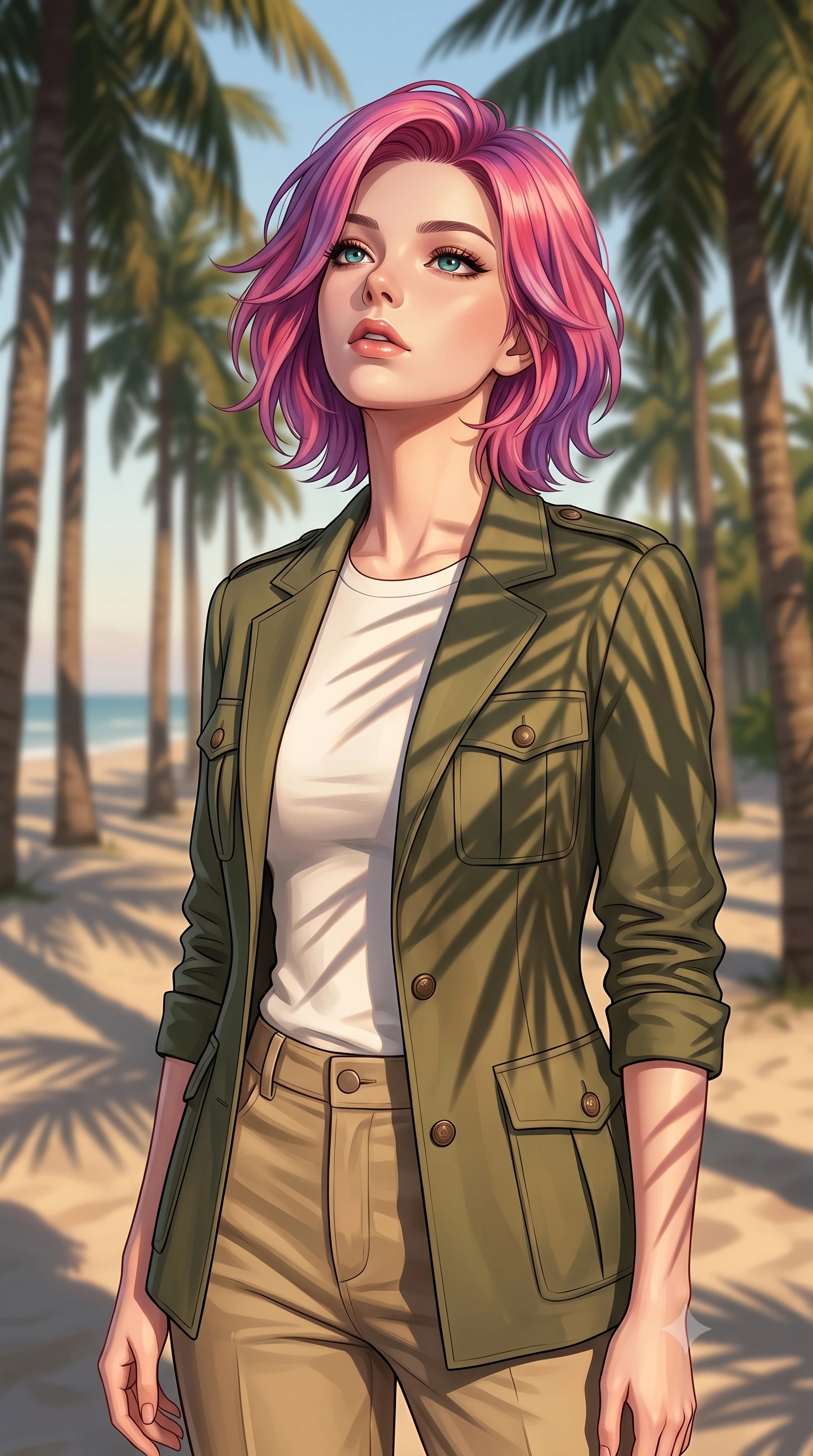 score_9, masterpiece, best quality, ultra-detailed, high-budget anime keyframe, editorial fashion photography, tasteful artistic composition, Caucasian woman woman. close-up cowboy shot from the waist and thighs up, the character dominates the composition, filling the frame with her large presence, background elements kept in soft focus. tilting her chin up slightly with lips parted in a composed, provocative expression the background shows a soft-focus a grove of tall palm trees near the beach, their shadows drawing patterns on the sand. She has an exceptionally elegant, slender, and willowy female figure with an ultra-slim waist, a gracefully sculpted slender torso, and a refined silhouette. sharp v-shaped jawline, high-bridge nose, intricate jewel-like eyes with depth, thick eyelashes, glossy lips with a natural sheen. wearing a tailored tailored olive green safari jacket over a white crewneck top and khaki pants. warm late afternoon sunrays casting long palm leaf shadows on her form. 2k, ultra detail, master piece, 9:16 ratio