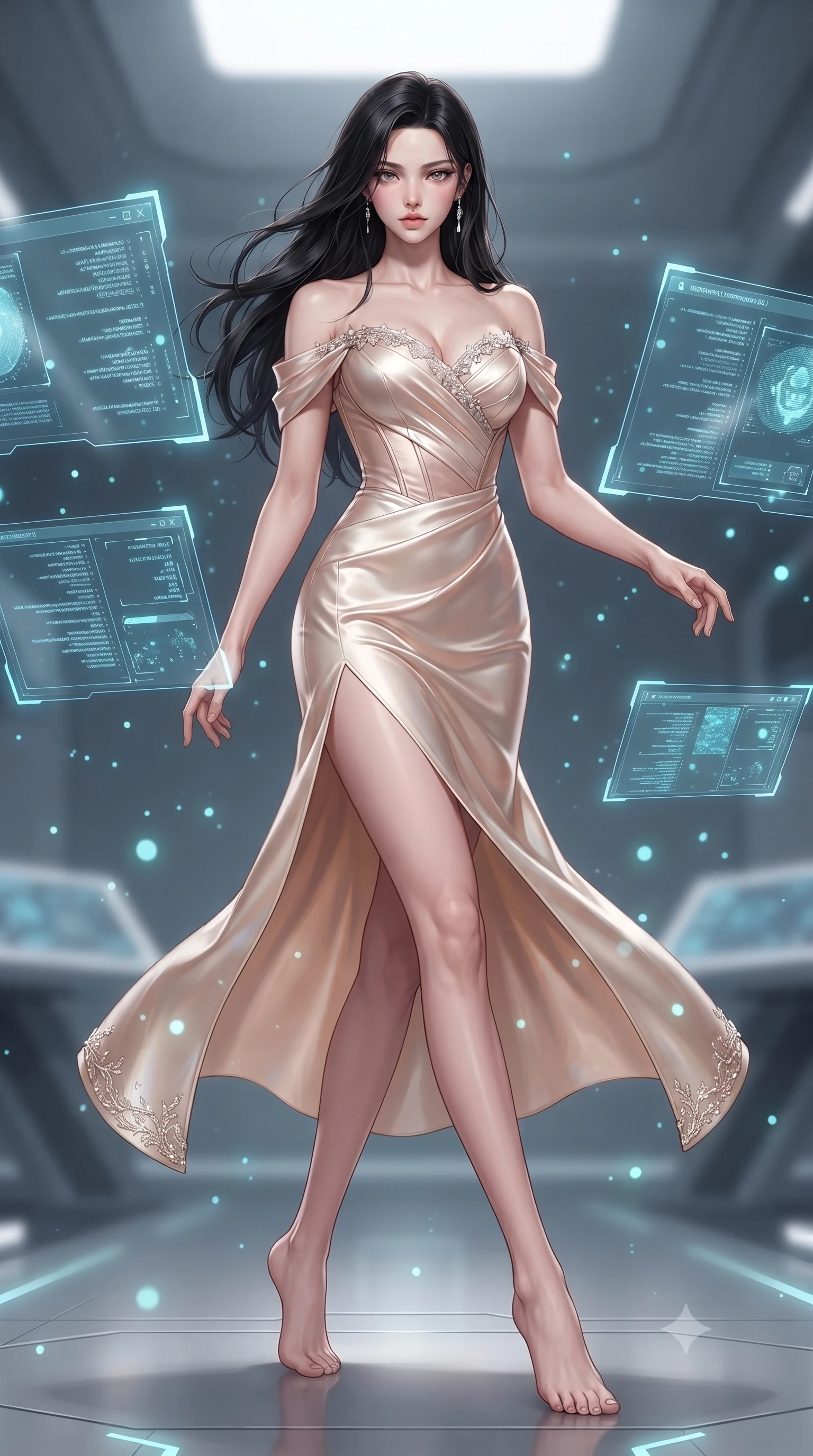 score_9, masterpiece, best quality, ultra-detailed, high-budget anime keyframe, editorial fashion photography, tasteful artistic composition, Korean woman. low angle full-body shot from head to toe showing her feet, filling the entire 9:16 vertical frame with her statuesque presence, stretching her vertical silhouette. landing lightly on the balls of her feet in a balanced kinetic stance, eyes locked onto the camera with fearless allure while pivoting gracefully across the floating intelligence bridge as multiple floating holographic terminal screens surround her. The composition keeps background elements in soft focus with creamy bokeh. glowing holographic code glyphs and UI particles scattering soft cyan light motes around her. She has an absolutely perfect, statuesque 8.5-heads proportion, an exceptionally tall and slender model-like female figure with impossibly long slender legs, a toned flat midriff, and an ultra-slim waist. sharp v-shaped jawline, high-bridge nose, intricate jewel-like eyes with depth, thick eyelashes, glossy lips with a natural sheen, captivating and magnetic expression, flawlessly proportioned anatomical accuracy, strict slender model proportions, natural body alignment, perfectly sculpted long slender limbs, ultra-slim waistline, clean dynamic posture without body distortion. wearing a statuesque off-shoulder champagne satin gala dress featuring a thigh-high side slit and draped corset bodice in champagne ivory and rose gold, tailored from ultra-smooth duchess satin with a pearlescent sheen, finished with delicate crystal embroidery along the neckline and hem edition #15, the liquid-tight tailored fabric emphasizing every curve of her tall, slender model proportions and sculptured silhouette during dynamic movement. illuminated by crisp directional key light defining her razor-sharp jawline, eyes, and slender curves. ultra-reflective glossy finish, specular highlights, rich textural contrasts, high-contrast stereoscopic depth, volumetric dynamic lighting, 2k, ultra detail, master piece, 9:16 ratio