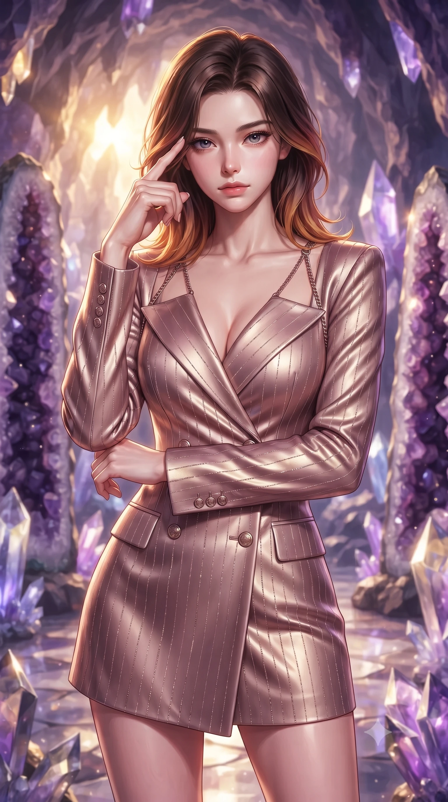 score_9, masterpiece, best quality, ultra-detailed, high-budget anime keyframe, editorial fashion photography, tasteful artistic composition, Korean woman. close-up cowboy shot from the waist and thighs up, the character dominates the composition, filling the frame with her large presence, background elements kept in soft focus. Pressing two fingers to her temple in a composed thoughtful gesture with an air of magnetic charisma standing inside a breathtaking cavern lined with massive amethyst geode pillars, sharp crystalline reflections creating an opulent, jewel-like ambience. She has an exceptionally elegant, slender, and willowy female figure with an ultra-slim waist, a gracefully sculpted slender torso, and a refined silhouette. sharp v-shaped jawline, high-bridge nose, intricate jewel-like eyes with depth, thick eyelashes, glossy lips with a natural sheen. wearing a double-breasted blazer dress with metallic pin-stripes in dusty rose and champagne gold, crafted from lustrous satin jersey with fluid draping, adorned with delicate metallic chain straps along the neckline, the tailored fabric tightly following every curve of her athletic build. lit by warm golden sunlight colliding with cool violet crystal illumination. highly saturated vibrant anime colors, detailed shading with soft gradients, rich glossy textures, high-contrast stereoscopic depth, volumetric dynamic lighting, master piece, 9:16 ratio