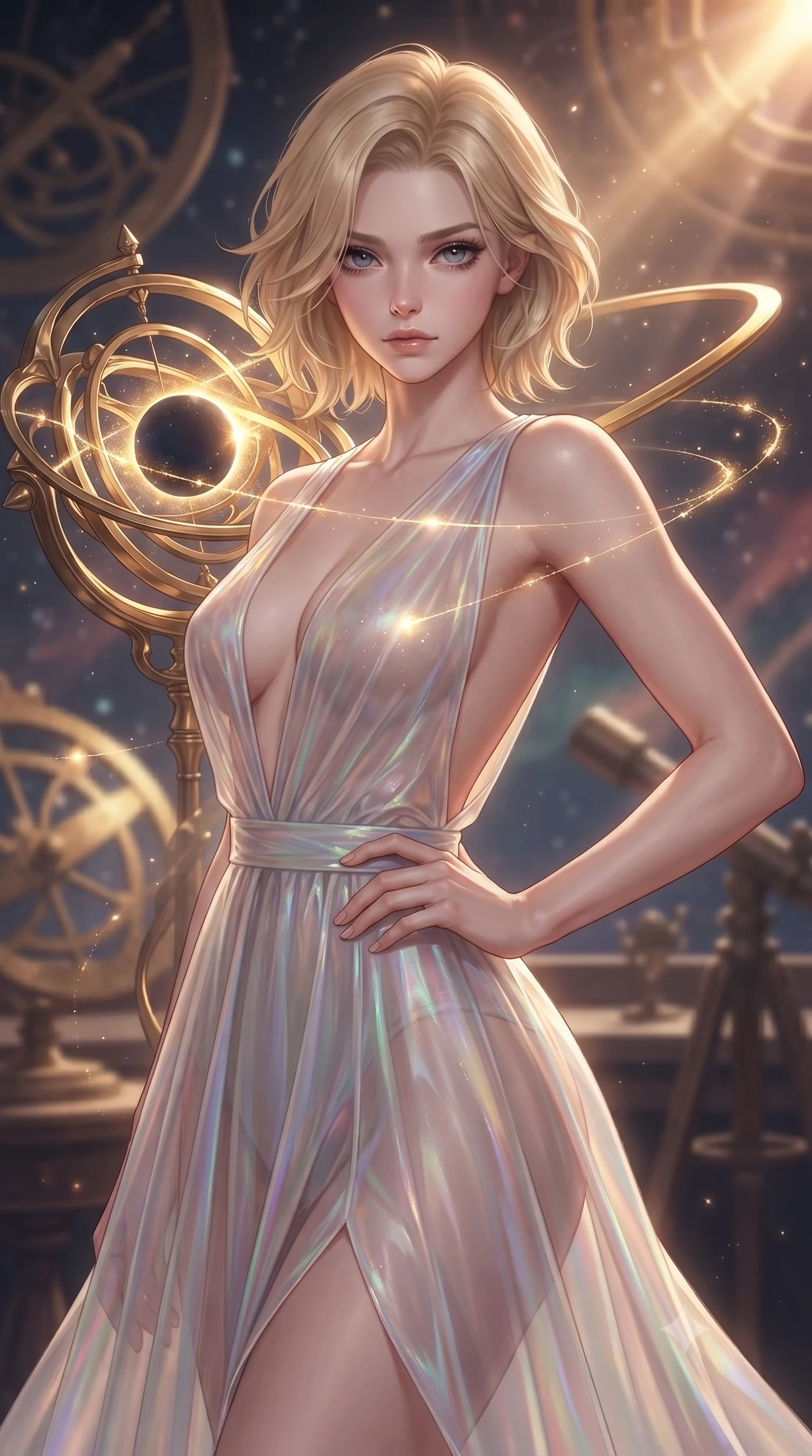 score_9, masterpiece, best quality, ultra-detailed, high-budget anime keyframe, editorial fashion photography, tasteful artistic composition, Caucasian woman. close-up cowboy shot from the waist and thighs up, the character dominates the composition, filling the frame with her large presence, background elements kept in soft focus. Holding a confident power pose with one hand on her hip, gazing directly into the camera with quiet intensity threading brilliant comet dust through a golden celestial loom, a cosmic eclipse casting brilliant golden rim highlights. She has an exceptionally elegant, slender, and willowy female figure with an ultra-slim waist, a gracefully sculpted slender torso, and a refined silhouette. sharp v-shaped jawline, high-bridge nose, intricate jewel-like eyes with depth, thick eyelashes, glossy lips with a natural sheen. wearing a translucent iridescent chiffon gown with a dramatic plunging neckline and open back, the form-contouring material highlighting her ultra-slim waist and long lines. bathed in warm sunbursts filtering through floating orbital rings. ultra-reflective glossy finish, specular highlights, metallic sheen, high-contrast stereoscopic depth, volumetric dynamic lighting, 2k, ultra detail, master piece, 9:16 ratio