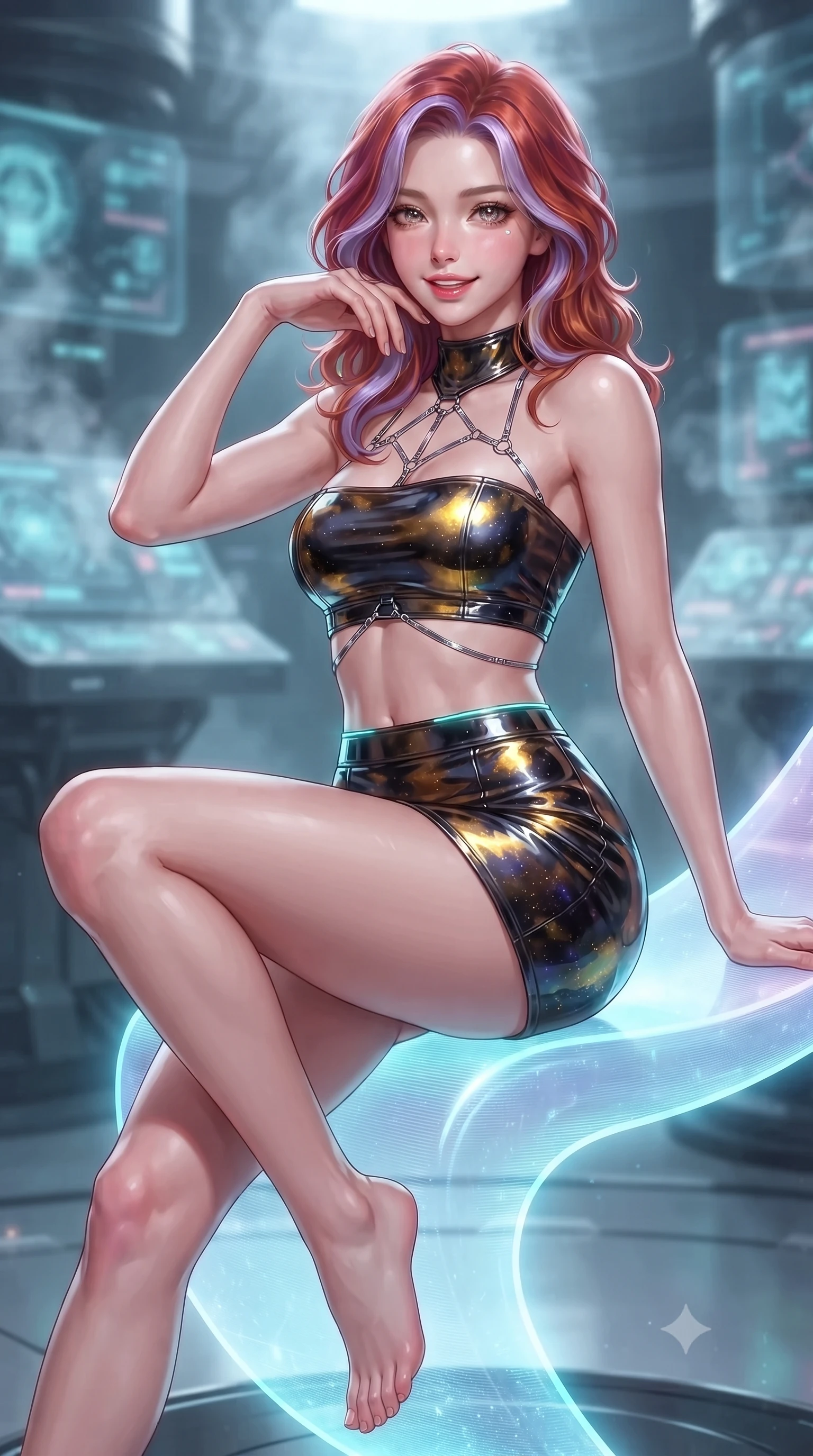 score_9, masterpiece, best quality, ultra-detailed, high-budget anime keyframe, editorial fashion photography, tasteful artistic composition, Caucasian woman. close-up cowboy shot from the waist and thighs up, the character dominates the composition, filling the frame with her large presence. perched sideways on the lounge seat, one knee drawn up to showcase her slender leg line while her arched back accentuates her feminine hip curve while lounging gracefully against the central diagnostic console propped on one elbow with legs extended, displaying her long slender limbs and statuesque hourglass silhouette. The background shows a soft-focus frosty nitrogen vapor softened in subterranean quantum core vault shallow focus. She has an exceptionally elegant, slender, and willowy female figure with an ultra-slim waist, flat toned midriff, narrow ribcage, and sculpted feminine hips creating an alluring, slim hourglass silhouette without bulk. sharp v-shaped jawline, high-bridge nose, intricate jewel-like sparkling eyes with depth, thick eyelashes, glossy parted lips with a natural peach sheen, bright cheerful beaming smile with an enchanting and coquettish sensual glint, exuding both youthful cute charm and seductive allure, flawlessly proportioned anatomical accuracy, strict slender model proportions, natural body alignment, perfectly sculpted long slender limbs, ultra-slim waistline, clean dynamic posture without body distortion. wearing an ultra-cropped tech-wear bandeau top paired with a micro mini skirt revealing her flat toned midriff in solar-flare gold and interstellar onyx, tailored from high-gloss patent leather with mirror-like specular highlights, accented with a chrome-drop body harness subtly framing her dewy collarbones and spine, the impeccably tailored cut draping gracefully along her slender figure with aristocratic poise. illuminated by glass gantry reflection bounce and sharp laser-cyan rim lights defining her razor-sharp jawline, narrow waist, and curvy hips. ultra-reflective glossy finish, specular highlights, rich textural contrasts, high-contrast stereoscopic depth, volumetric dynamic lighting, 2k, ultra detail, master piece, 9:16 ratio