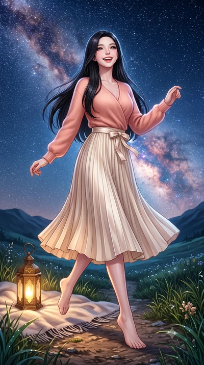 score_9, masterpiece, best quality, ultra-detailed, high-budget anime keyframe, semi-realistic 3D game render, editorial fashion photography, tasteful artistic composition, Korean woman. low angle full-body shot from head to toe showing her feet, fil
