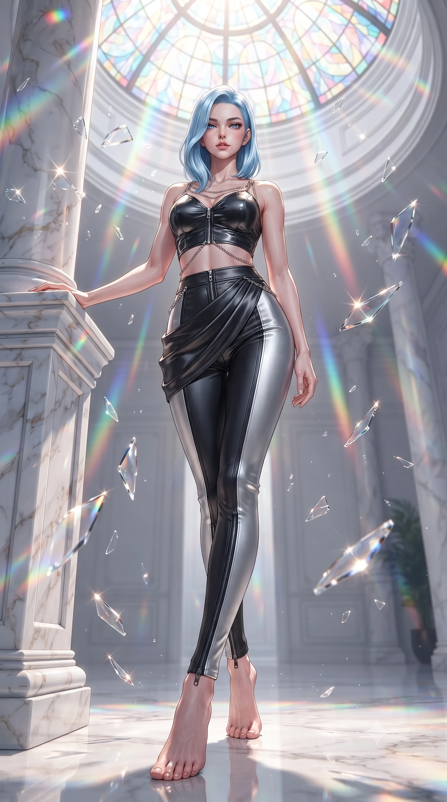 score_9, masterpiece, best quality, ultra-detailed, high-budget anime keyframe, editorial fashion photography, tasteful artistic composition, Korean woman. low angle full-body shot from head to toe showing her feet, filling the entire 9:16 vertical frame with her statuesque presence, stretching her vertical silhouette. navigating the luminous space with effortless poise, displaying her perfect model proportions resting against a sculpted white marble pillar under a rainbow dome, shattered glass shards catching bright specular highlights in mid-air. She has an absolutely perfect, statuesque 8.5-heads proportion, an exceptionally tall and slender model-like female figure with impossibly long slender legs and an ultra-slim waist. sharp v-shaped jawline, high-bridge nose, intricate jewel-like eyes with depth, thick eyelashes, glossy lips with a natural sheen. wearing a glossy vinyl crop top and high-waist tailored leggings with sleek zippers in matte black and polished silver, crafted from lustrous satin jersey with fluid draping, adorned with delicate metallic chain straps along the neckline, the elegant draped fit framing her graceful clavicle and slender torso. bathed in cascading rainbow prismatic light refracting through stained glass. ultra-reflective glossy finish, specular highlights, metallic sheen, high-contrast stereoscopic depth, volumetric dynamic lighting, 2k, ultra detail, master piece, 9:16 ratio