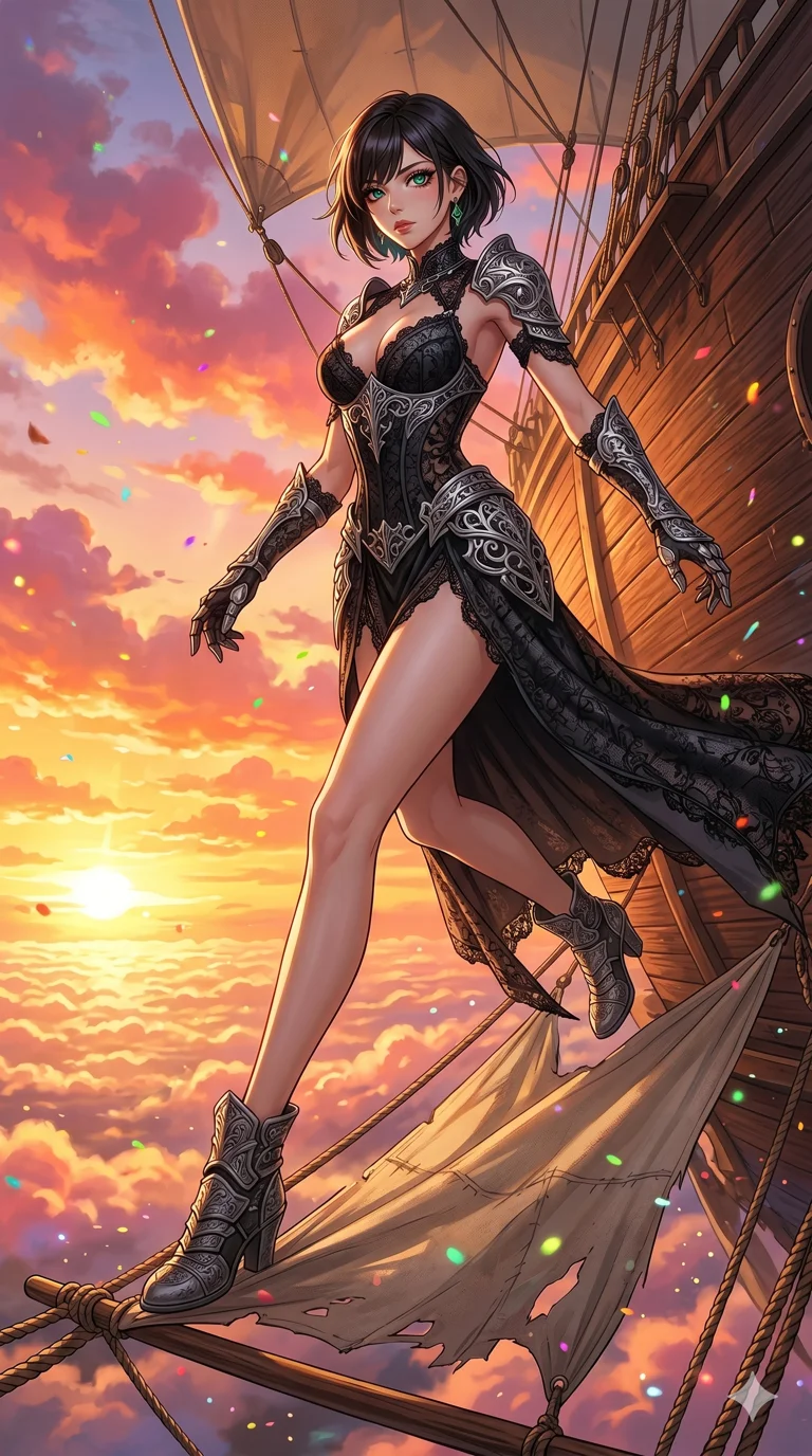 score_9, masterpiece, best quality, ultra-detailed, High-budget Anime Keyframe, beautiful Korean anime girl. Low angle cowboy shot filling the entire 9:16 frame with her statuesque presence. Leaping across the sails of a giant airship in the clouds at sunset. She has an absolutely perfect 8-heads proportion, an exceptionally tall and slender female figure with impossibly long slender legs and an ultra-slim waist. Sharp v-shaped jawline, high-bridge nose, intricate jewel-like eyes with depth, thick eyelashes, glossy lips with a natural sheen. Wearing a Dark Fantasy outfit: gothic black lace corset gown with silver armor and a plunging neckline. Background is a bright and colorful sky with vibrant orange clouds and a wooden airship deck. 2k, ultra detail, master piece, 9:16 ratio