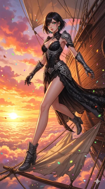 score_9, masterpiece, best quality, ultra-detailed, High-budget Anime Keyframe, beautiful Korean anime girl. Low angle cowboy shot filling the entire 9:16 frame with her statuesque presence. Leaping across the sails of a giant airship in the clouds a