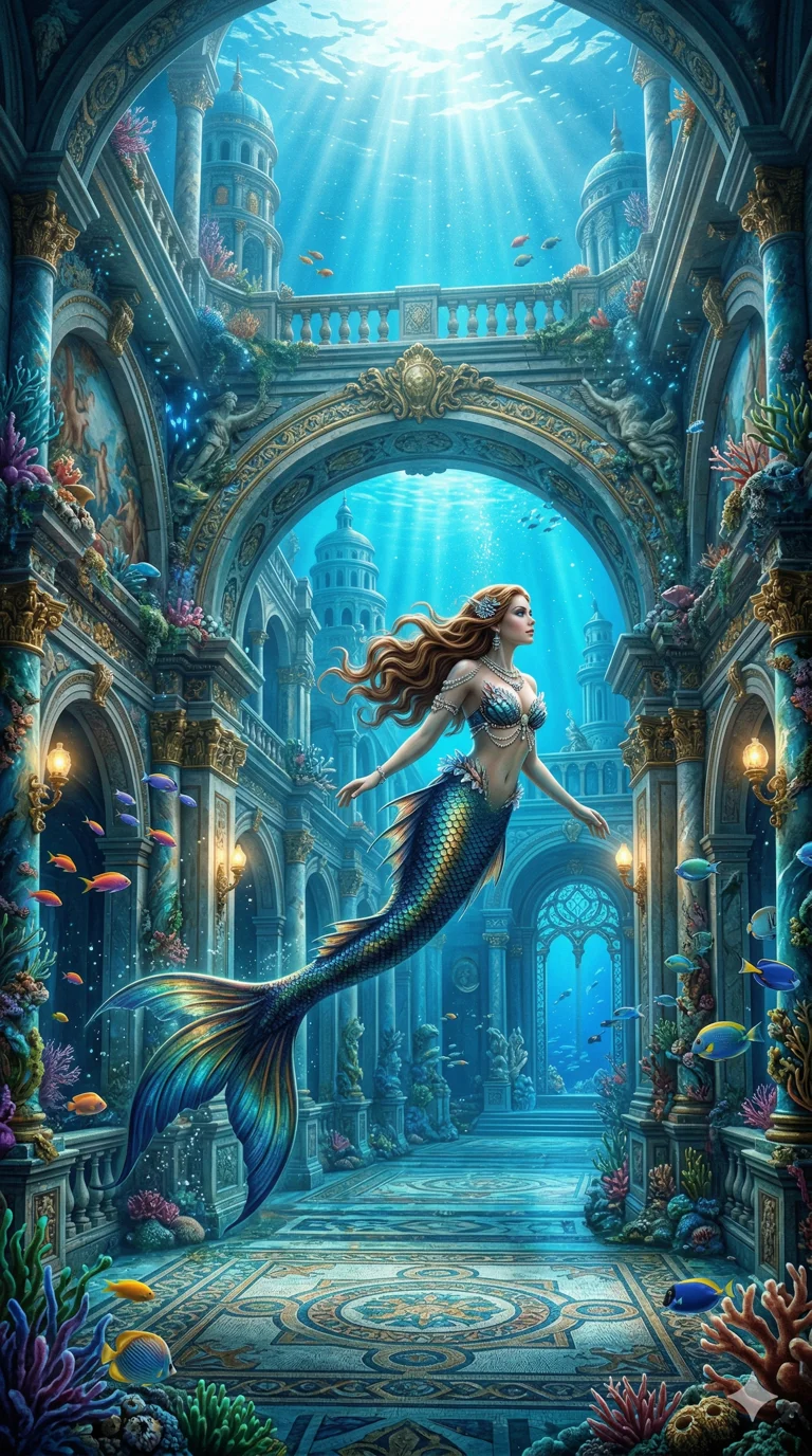 A mermaid swimming through an underwater palace 2k, ultra detail, master piece, 9:16 ratio