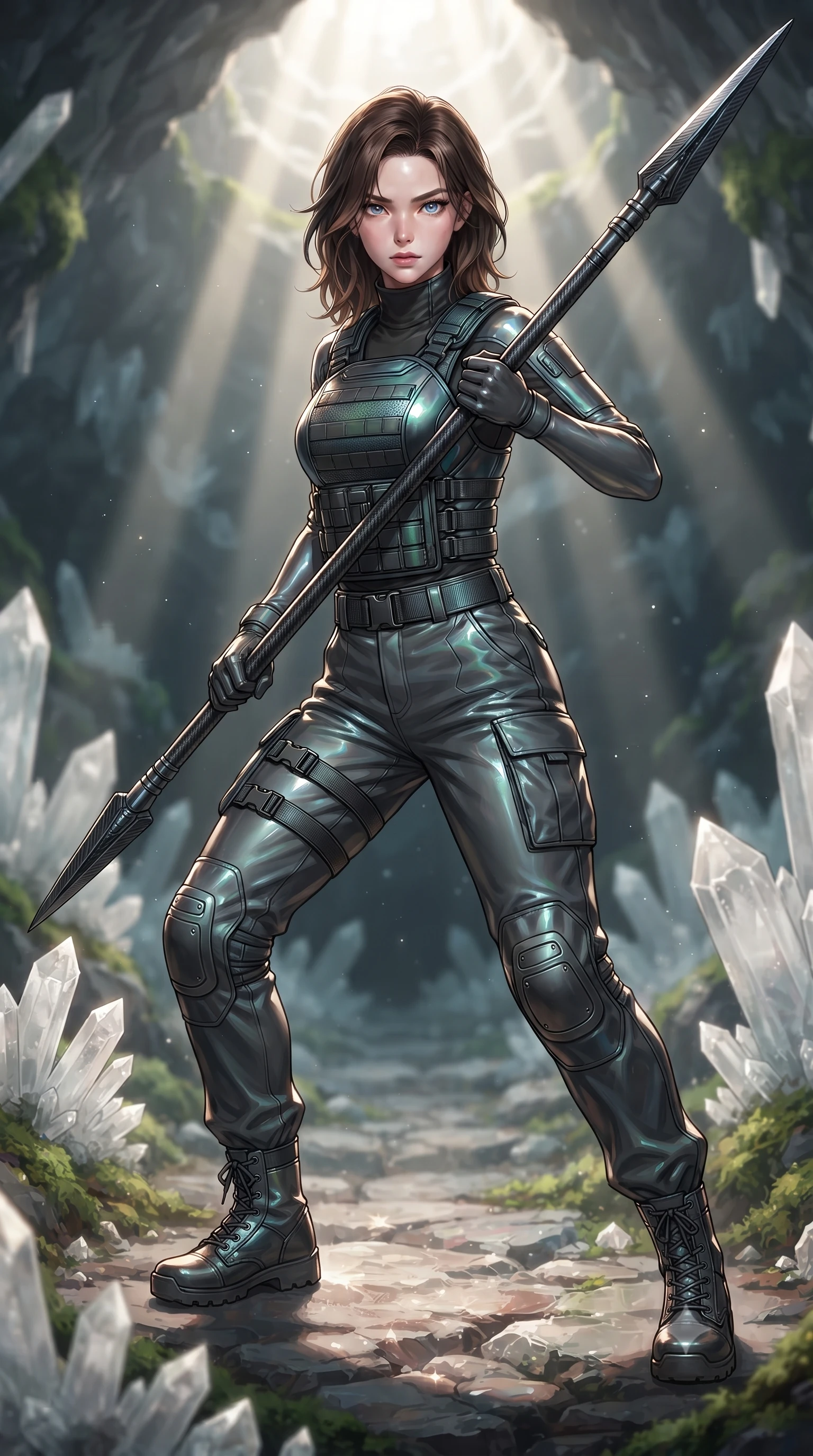 score_9, masterpiece, best quality, ultra-detailed, high-budget anime keyframe, editorial fashion photography, tasteful artistic composition, Korean woman. low angle full-body shot from head to toe showing her feet, filling the entire 9:16 vertical frame with her statuesque presence, stretching her vertical silhouette. standing in a dynamic combat stance with a carbon-fiber spear held diagonally, stretching her statuesque body, the background shows a soft-focus a cavern crystal path bordered by sharp quartz formations and moss. She has an absolutely perfect, statuesque 8.5-heads proportion, an exceptionally tall and slender model-like female figure with impossibly long slender legs and an ultra-slim waist. sharp v-shaped jawline, high-bridge nose, intricate jewel-like eyes with depth, thick eyelashes, glossy lips with a natural sheen. wearing a tailored tailored high-collar carbon-plated tactical vest worn over a high-neck protective utility undershirt and reinforced cargo pants. stark afternoon sunbeams slicing through a cave opening, creating sharp shadows. ultra-reflective glossy finish, specular highlights, metallic sheen, high-contrast stereoscopic depth, volumetric dynamic lighting, 2k, ultra detail, master piece, 9:16 ratio