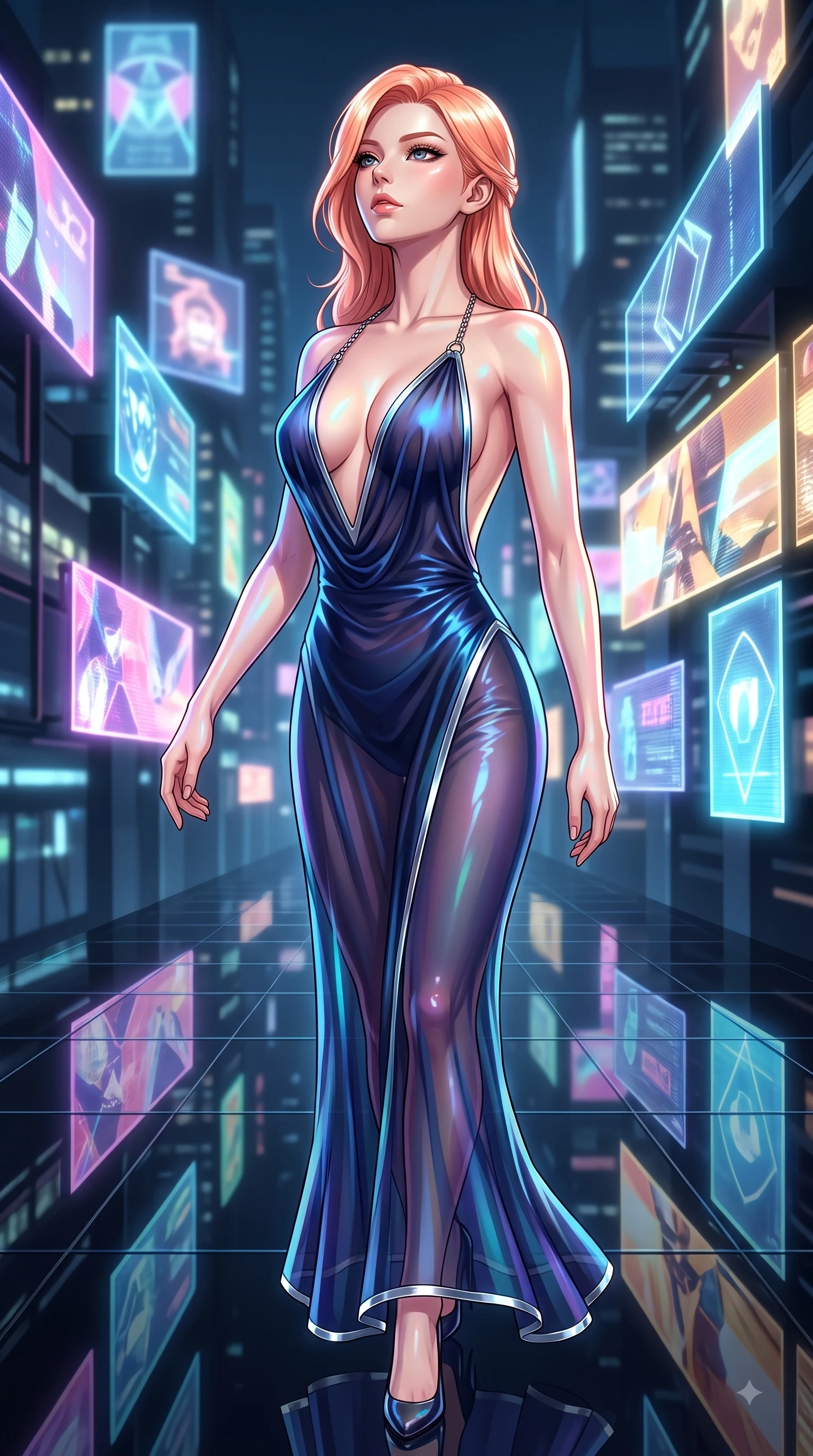 score_9, masterpiece, best quality, ultra-detailed, high-budget anime keyframe, editorial fashion photography, tasteful artistic composition, Japanese woman. close-up cowboy shot from the waist and thighs up, the character dominates the composition, filling the frame with her large presence, background elements kept in soft focus. Tilting her chin up with composed magnetism as dramatic side lighting traces her sculpted waist and hip contour while stepping across a polished obsidian floor reflecting holographic billboards in mid-air, holographic advertisements casting dynamic geometric light patterns on her form. She has an exceptionally elegant, slender, and willowy female figure with an ultra-slim waist, a gracefully sculpted slender torso, and a refined silhouette. sharp v-shaped jawline, high-bridge nose, intricate jewel-like eyes with depth, thick eyelashes, glossy lips with a natural sheen, flawlessly proportioned anatomical accuracy, natural body alignment, perfectly sculpted elegant limbs, clean dynamic posture without body distortion. wearing a translucent iridescent chiffon gown with a plunging neckline and open back in midnight navy blue and chrome trim, crafted from lustrous satin jersey with fluid draping, adorned with delicate metallic chain straps along the neckline, the tailored fabric tightly following every curve of her athletic build. drenched in wet neon reflections with brilliant specular highlights on her silhouette. highly saturated vibrant anime colors, detailed shading with soft gradients, rich glossy textures, high-contrast stereoscopic depth, volumetric dynamic lighting, master piece, 9:16 ratio
