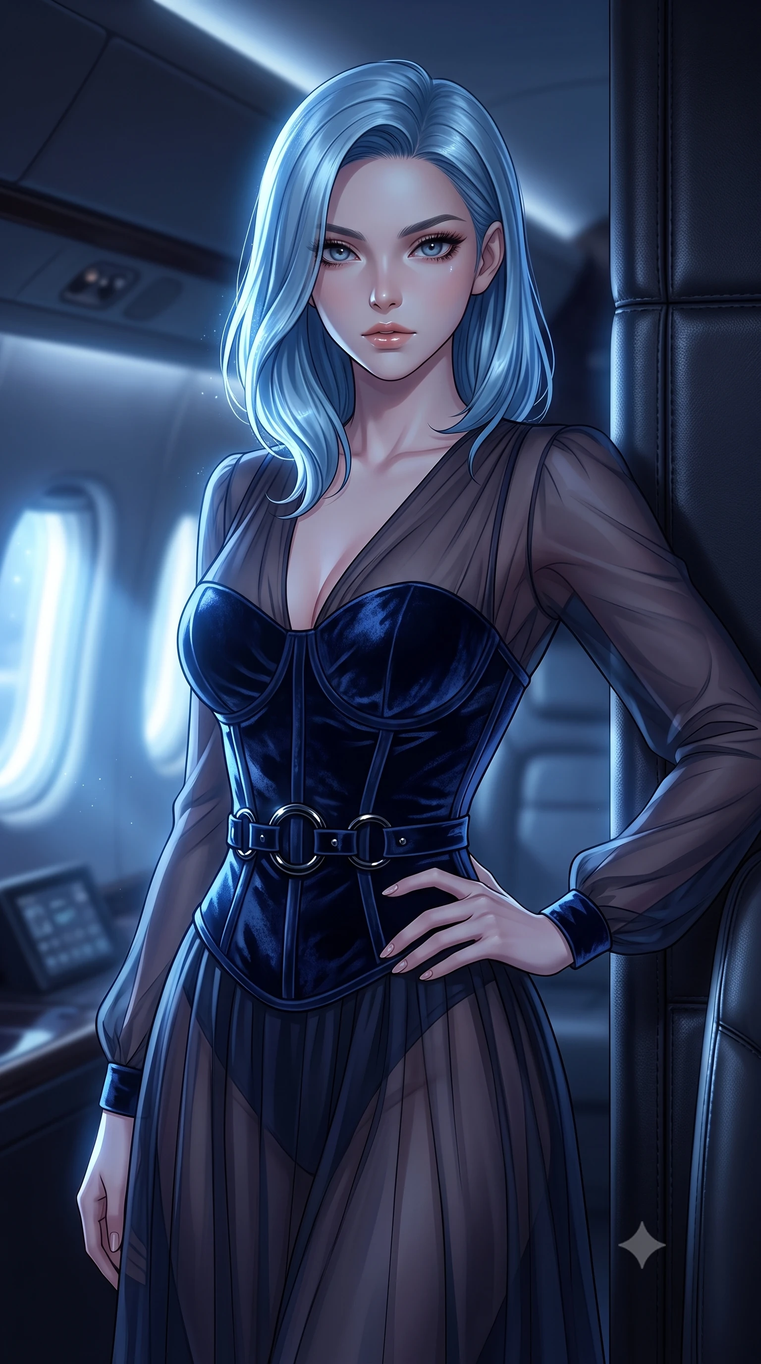 score_9, masterpiece, best quality, ultra-detailed, high-budget anime keyframe, editorial fashion photography, tasteful artistic composition, Korean woman. close-up cowboy shot from the waist and thighs up, the character dominates the composition, filling the frame with her large presence, background elements kept in soft focus. Holding a confident power pose with one hand on her hip, resting against a leather-wrapped bulkhead as moonlight streams into the cabin, smooth skin finish sparkling under cold moonlight rim lighting. She has an exceptionally elegant, slender, and willowy female figure with an ultra-slim waist, a gracefully sculpted slender torso, and a refined silhouette. sharp v-shaped jawline, high-bridge nose, intricate jewel-like eyes with depth, thick eyelashes, glossy lips with a natural sheen. wearing semi-opaque sheer dark chiffon gown revealing structured corset silhouette in midnight navy blue, made of crushed dark silk velvet, accented with sculpted obsidian chrome rings at the waist, accentuating her gracefully sculpted slender torso. bathed in dramatic nocturnal blue and silver contrast lighting. highly saturated vibrant anime colors, detailed shading with soft gradients, rich glossy textures, high-contrast stereoscopic depth, volumetric dynamic lighting, master piece, 9:16 ratio