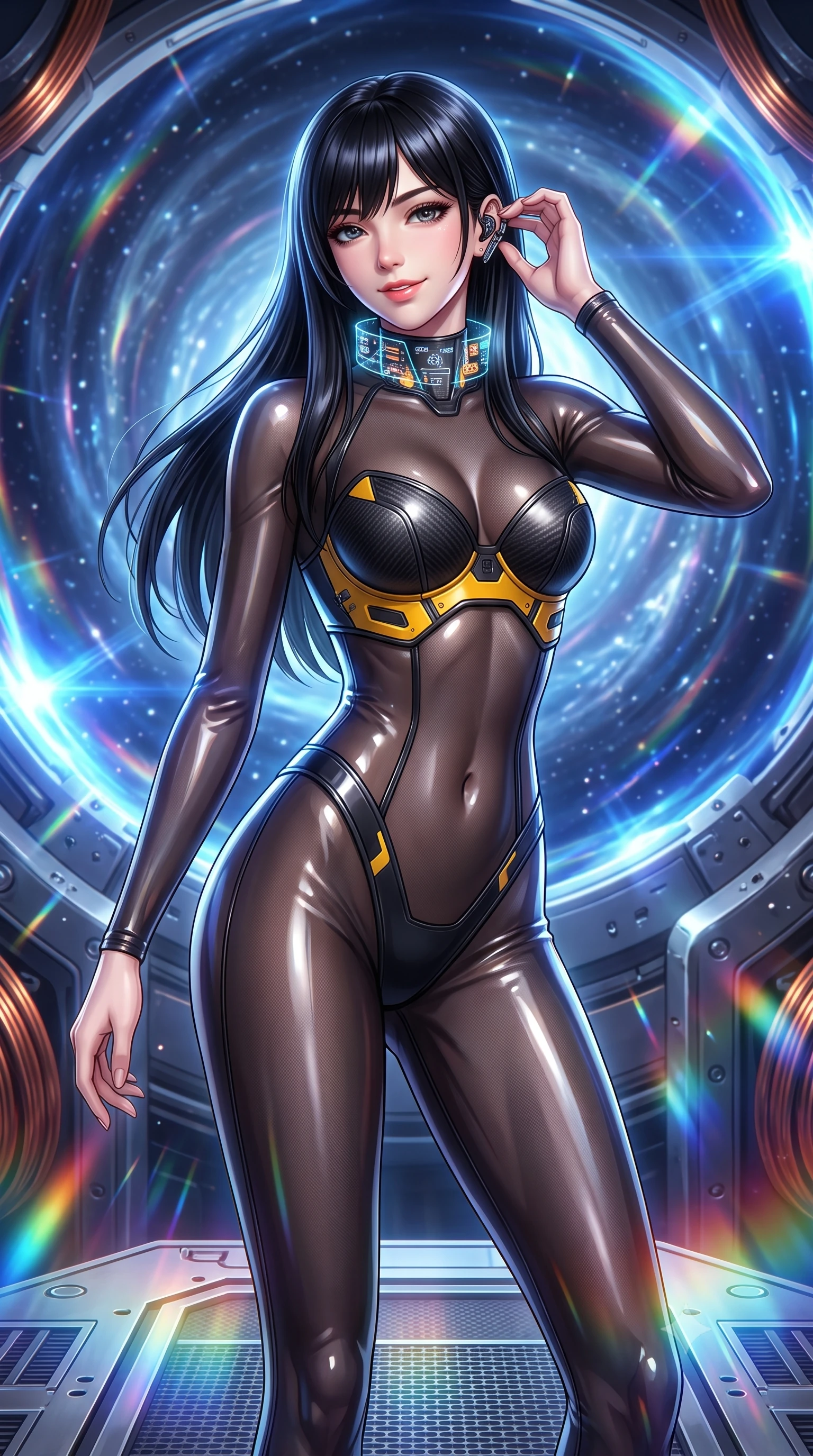 score_9, masterpiece, best quality, ultra-detailed, high-budget anime keyframe, semi-realistic 3D game render, editorial fashion photography, tasteful artistic composition, Caucasian woman. close-up cowboy shot from the waist and thighs up, the character dominates the composition, filling the frame with her large presence. tilting her head with a captivating smile while arching her spine with dancer poise, one hand adjusting her ear comm-link in a flirtatious S-curve while standing poised on the open launch platform facing the swirling cosmic hyperspace vortex, arching her spine with sovereign supermodel poise. The surrounding environment is rendered in vivid detail and crisp panoramic clarity: sharp magnetic coil copper windings, launch platform structural rivets, and energy field distortion clarity in deep focus. She has an exceptionally elegant, slender, and willowy female figure with an ultra-slim waist, flat toned midriff, narrow ribcage, and sculpted feminine hips creating an alluring, slim hourglass silhouette without bulk. sharp v-shaped jawline, high-bridge nose, intricate jewel-like sparkling eyes with depth, thick eyelashes, glossy parted lips with a natural sheen, bright confident smile with an enchanting and coquettish sensual glint, exuding both youthful magnetic charm and sovereign high-tech allure, flawlessly proportioned anatomical accuracy, strict slender model proportions, natural body alignment, perfectly sculpted long slender limbs, ultra-slim waistline, clean dynamic posture without body distortion. wearing a semi-translucent smoke-black mesh tactical catsuit with reinforced carbon-fiber bustier plating in industrial hazard yellow and matte carbon black, tailored from ultra-reflective glossy liquid vinyl with mirror-like specular highlights, complemented by a high-tech holographic choker projecting miniature glyphs, the form-fitting tactical tailoring adhering flawlessly to her sculpted flat midriff and slender torso, emphasizing her long leg lines and perfectly proportioned willowy build. bathed in radiant chromatic prism light and intense electric blue warp ring flashes. highly saturated vibrant anime colors, detailed shading with soft gradients, rich glossy textures, high-contrast stereoscopic depth, volumetric dynamic lighting, master piece, 9:16 ratio