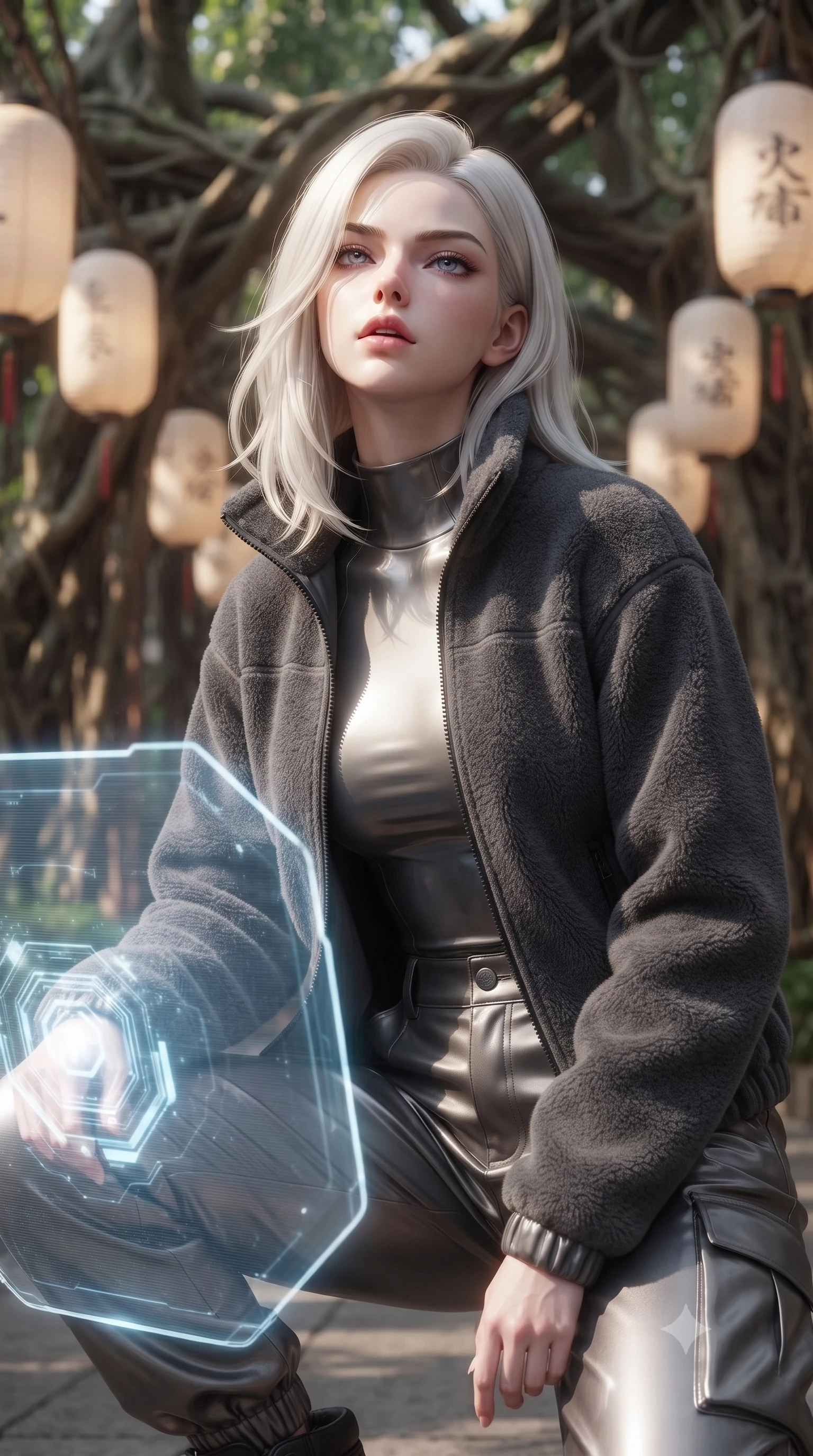 score_9, masterpiece, best quality, ultra-detailed, high-budget anime keyframe, editorial fashion photography, tasteful artistic composition, Caucasian woman. close-up cowboy shot from the waist and thighs up, the character dominates the composition, filling the frame with her large presence, background elements kept in soft focus. crouching slightly behind a glowing holographic shield emitter, looking up with defiance and lips slightly parted, the background shows a soft-focus a banyan tree corridor with paper lanterns hanging from thick cyber-roots. She has an exceptionally elegant, slender, and willowy female figure with an ultra-slim waist, a gracefully sculpted slender torso, and a refined silhouette. sharp v-shaped jawline, high-bridge nose, intricate jewel-like eyes with depth, thick eyelashes, glossy lips with a natural sheen. wearing a body-hugging comfortable charcoal fleece flight jacket over a protective high-neck undershirt and utility cargo pants. crisp morning sunlight casting sharp, clean shadows across the paper lanterns. ultra-reflective glossy finish, specular highlights, metallic sheen, high-contrast stereoscopic depth, volumetric dynamic lighting, 2k, ultra detail, master piece, 9:16 ratio