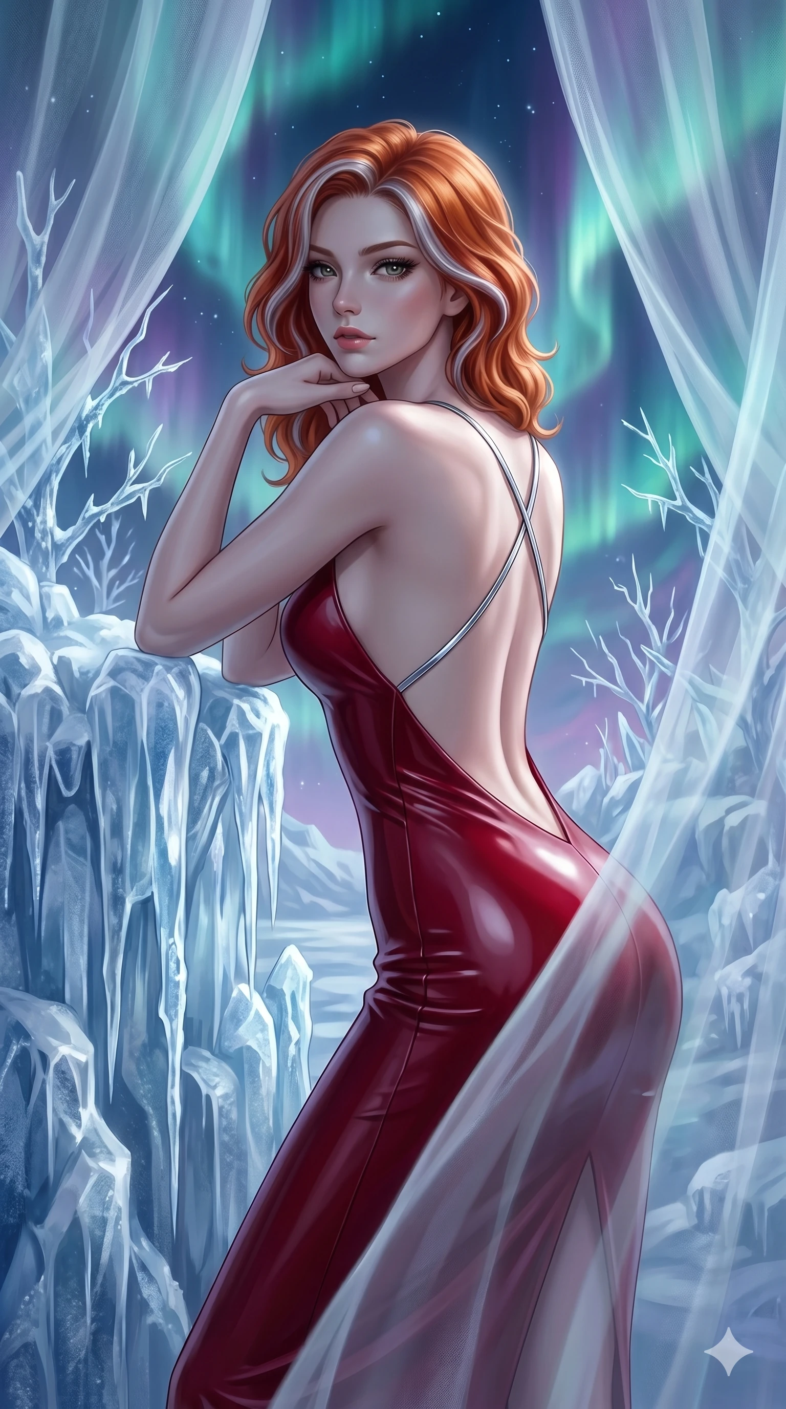 score_9, masterpiece, best quality, ultra-detailed, high-budget anime keyframe, editorial fashion photography, tasteful artistic composition, Caucasian woman, strictly human ears. cowboy shot from the thighs up, character and outfit filling the frame for maximum editorial presence. Resting her chin on the backs of her fingers in a confident pose within a dreamlike floating winter kingdom with frozen crystal trees and aurora skies. She has an absolutely perfect 8-heads proportion, an exceptionally tall and slender female figure with impossibly long slender legs and an ultra-slim waist. V-shaped jawline, high-bridge nose, intricate jewel-like eyes with depth, thick eyelashes, glossy lips with a natural sheen. wearing a structured deep-cherry-red fashion-latex fitted dress with a clean architectural front and a dramatic open-back design with a single criss-cross strap in chrome across the bare back. bathed in cold silver moonlight filtered through translucent gossamer curtains casting soft shadows on her curves. 2k, ultra detail, master piece, 9:16 ratio