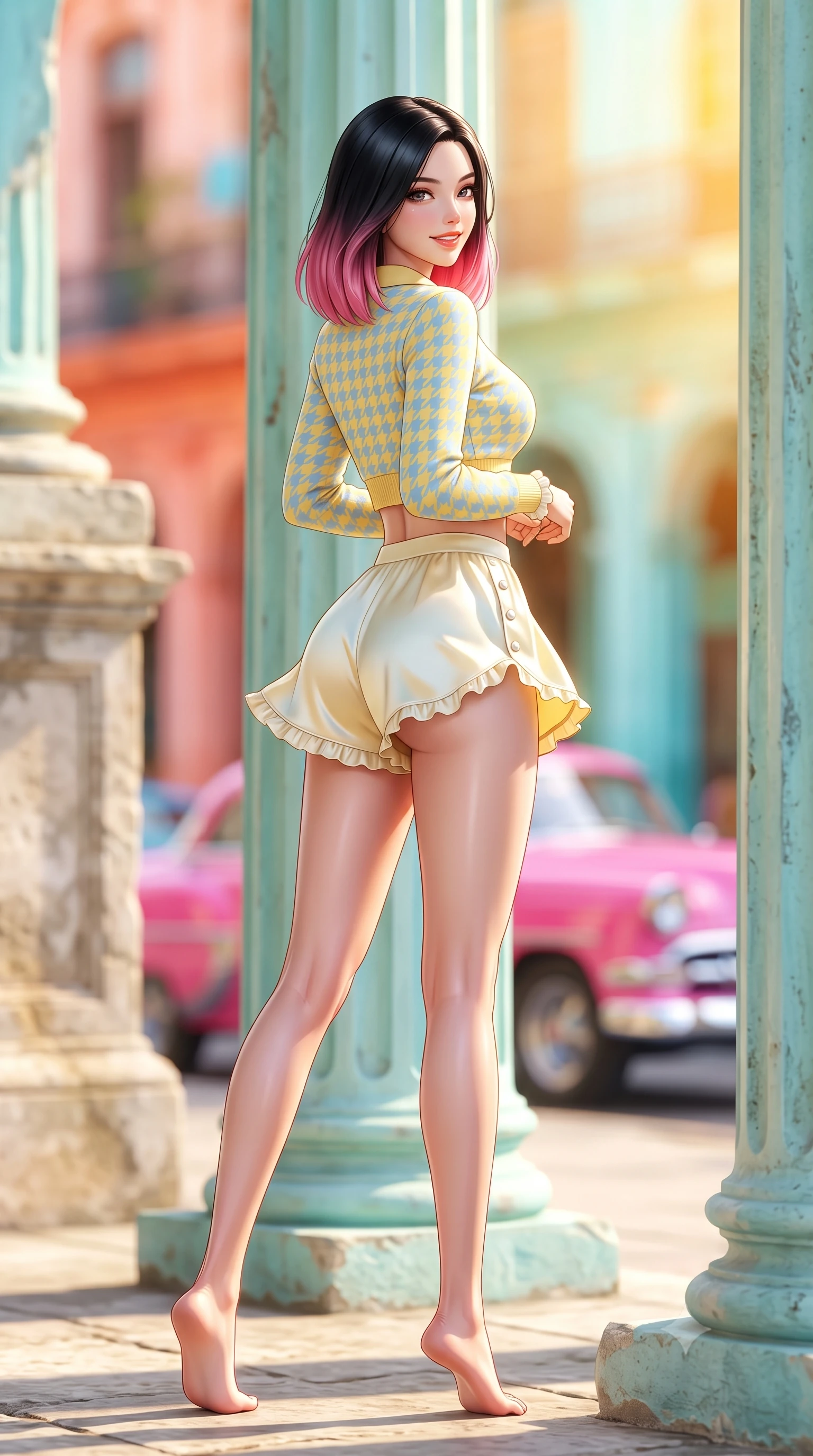 score_9, masterpiece, best quality, ultra-detailed, high-budget anime keyframe, semi-realistic 3D game render, editorial fashion photography, tasteful artistic composition, Korean woman. low angle full-body shot from head to toe showing her feet, filling the entire 9:16 vertical frame with her statuesque presence, stretching her vertical silhouette. executing a cheerful mid-motion pivot turn as her skirt flutters around her slender legs, glancing over her shoulder with an intoxicating, teasing cute expression while standing poised between ancient neoclassical stone columns with hips cocked back, looking over her shoulder with an alluring, sun-dazed bedroom-gaze. The composition keeps background elements in soft focus with dreamy creamy bokeh. weathered pastel turquoise colonnades and vibrant pink classic cars blurred into coral, turquoise, and sun-bleached yellow bokeh. She has an exceptionally tall and slender model-like 8.5-heads proportion, an ultra-slim waist, a flat toned midriff, narrow delicate ribcage, and beautifully sculpted feminine hips creating a graceful, slim hourglass silhouette without any bulky heaviness, with impossibly long slender legs. sharp v-shaped jawline, high-bridge nose, intricate jewel-like sparkling eyes with depth, thick eyelashes, glossy parted lips with a natural peach sheen, bright cheerful beaming smile with an enchanting and coquettish sensual glint, exuding both youthful cute charm and seductive allure, flawlessly proportioned anatomical accuracy, strict slender model proportions, natural body alignment, perfectly sculpted long slender limbs, ultra-slim waistline, clean dynamic posture without body distortion. wearing a cropped knitted polo sweater paired with high-cut tailored tennis shorts hugging her rounded hips in sunny daffodil yellow and clear sky blue, made of smooth fluid silk satin with a delicate pearlescent sheen, finished with subtle ruffle trims and delicate pearl buttons, the high-waisted tailoring accentuating her ultra-slim waistline and the enchanting curve of her feminine hips with alluring charm. bathed in intense golden afternoon Caribbean sunlight washing over pastel building facades. highly saturated vibrant anime colors, detailed shading with soft gradients, rich glossy textures, high-contrast stereoscopic depth, volumetric dynamic lighting, master piece, 9:16 ratio