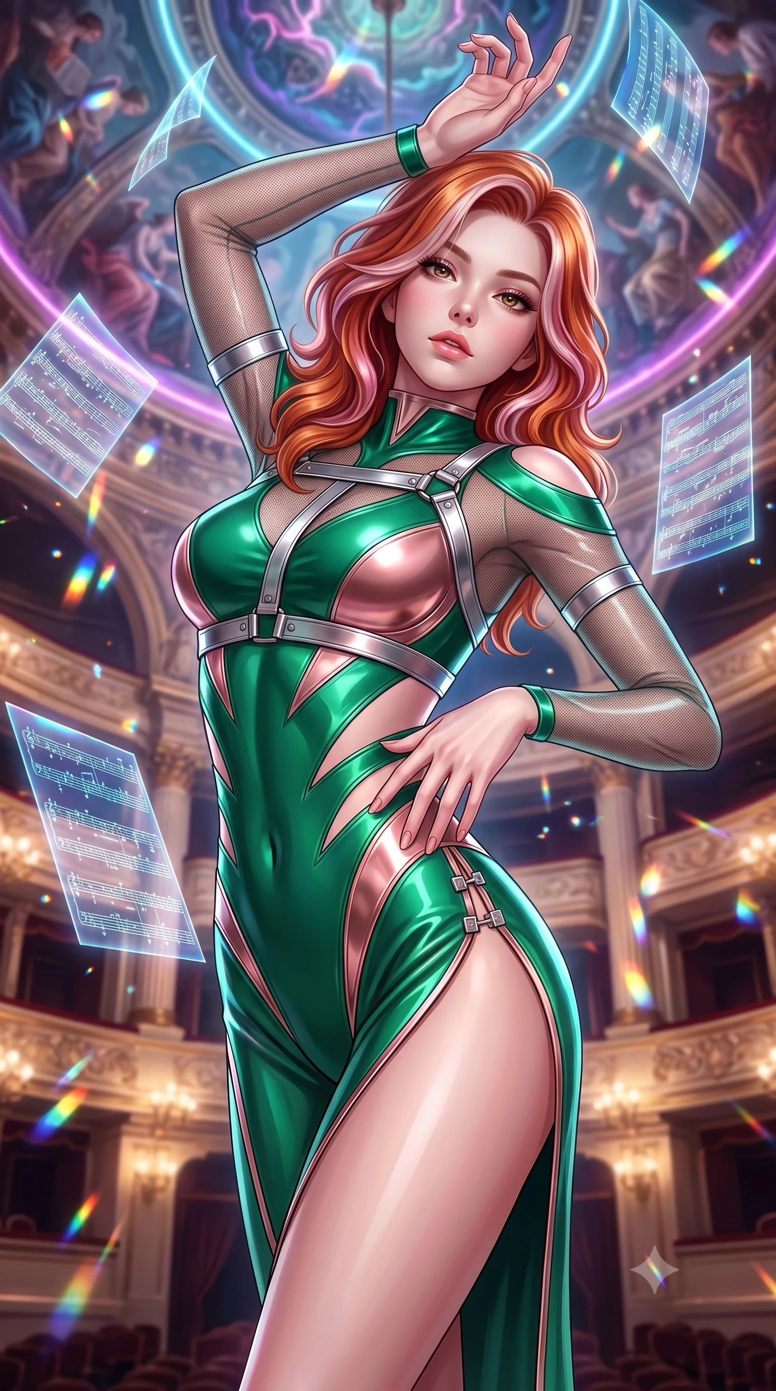 score_9, masterpiece, best quality, ultra-detailed, high-budget anime keyframe, semi-realistic 3D game render, editorial fashion photography, tasteful artistic composition, Caucasian woman. close-up cowboy shot from the waist and thighs up, the character dominates the composition, filling the frame with her large presence. twisting her upper body in a dynamic S-curve with an alluring smolder, one hand trailing along her slender waist while arching her spine in a dramatic operatic pose under a towering baroque ceiling with glowing neon frescoes. The composition keeps background elements in soft focus with creamy bokeh. floating holographic sheet music and chandelier refractions scattering light across a majestic backdrop. She has an exceptionally elegant, slender, and willowy female figure with an ultra-slim waist, a gracefully sculpted slender torso, and a refined silhouette. sharp v-shaped jawline, high-bridge nose, intricate jewel-like eyes with depth, thick eyelashes, glossy lips with a natural sheen, flawlessly proportioned anatomical accuracy, natural body alignment, perfectly sculpted elegant limbs, clean dynamic posture without body distortion. wearing an ultra-sleek high-cut tech-bodysuit featuring dangerous diagonal slitted cutouts on the midriff and shoulders, reinforced by a metallic silver harness and sheer mesh sleeves in emerald green and metallic rose gold trim, tailored from semi-translucent cybernetic vinyl with glowing micro-filaments, finished with an ultra-high side slit secured by miniature magnetic clasps, the glove-like fit tightly following every curve of her statuesque athletic build. surrounded by an opulent, dramatic, and intensely seductive high-culture editorial aura. highly saturated vibrant anime colors, detailed shading with soft gradients, rich glossy textures, high-contrast stereoscopic depth, volumetric dynamic lighting, master piece, 9:16 ratio