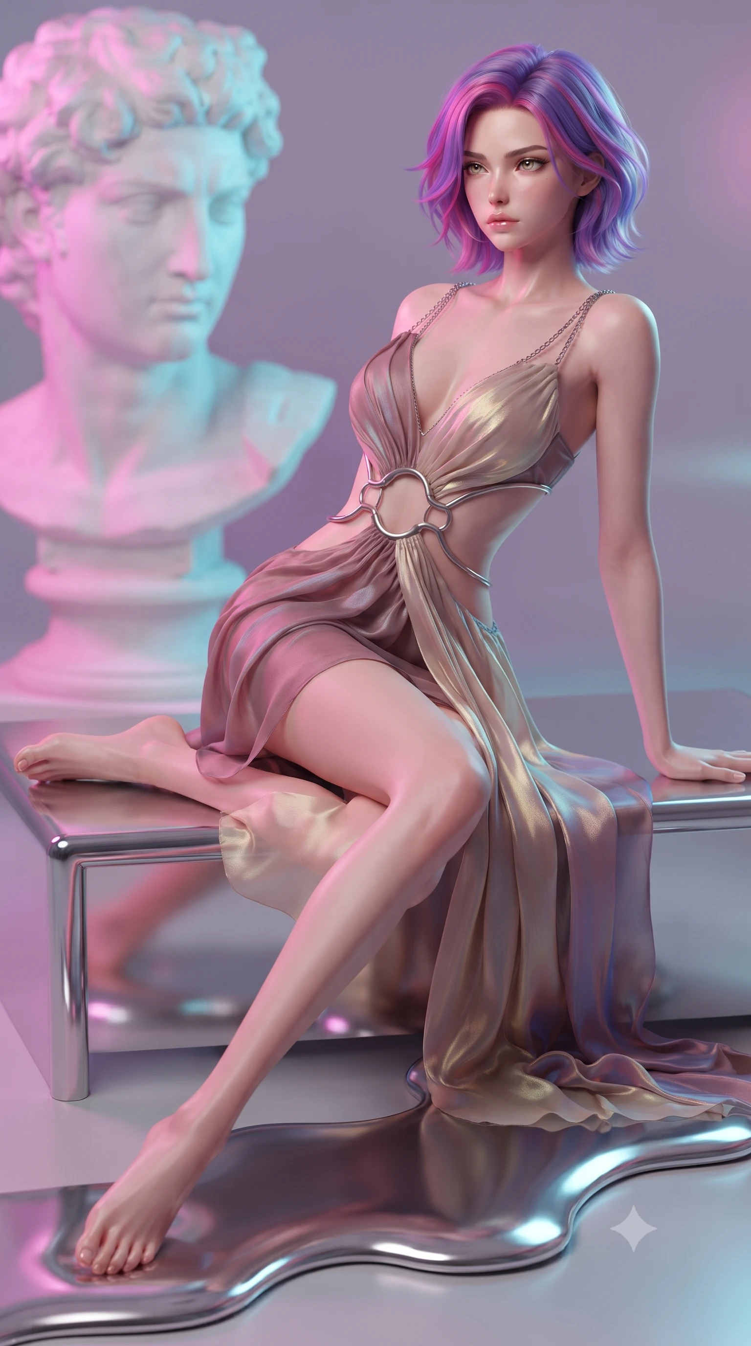 score_9, masterpiece, best quality, ultra-detailed, high-budget anime keyframe, editorial fashion photography, tasteful artistic composition, Caucasian woman. close-up cowboy shot from the waist and thighs up, the character dominates the composition, filling the frame with her large presence, background elements kept in soft focus. Gazing past the lens with composed intensity as her torso curves dynamically in mid-motion while lounging dynamically on a chrome platform beside a classical marble bust statue in neon light, liquid mercury corals flowing smooth like molten chrome around her feet. She has an exceptionally elegant, slender, and willowy female figure with an ultra-slim waist, a gracefully sculpted slender torso, and a refined silhouette. sharp v-shaped jawline, high-bridge nose, intricate jewel-like eyes with depth, thick eyelashes, glossy lips with a natural sheen, flawlessly proportioned anatomical accuracy, natural body alignment, perfectly sculpted elegant limbs, clean dynamic posture without body distortion. wearing a dramatic open-waist cutout mini dress framed by sculptural hardware in dusty rose and champagne gold, crafted from iridescent chiffon that shifts colors in the light, adorned with delicate metallic chain straps along the neckline, the form-contouring material highlighting her ultra-slim waist and long lines. surrounded by a dreamlike vaporwave ambiance with smooth gradients. ultra-reflective glossy finish, specular highlights, metallic sheen, high-contrast stereoscopic depth, volumetric dynamic lighting, 2k, ultra detail, master piece, 9:16 ratio
