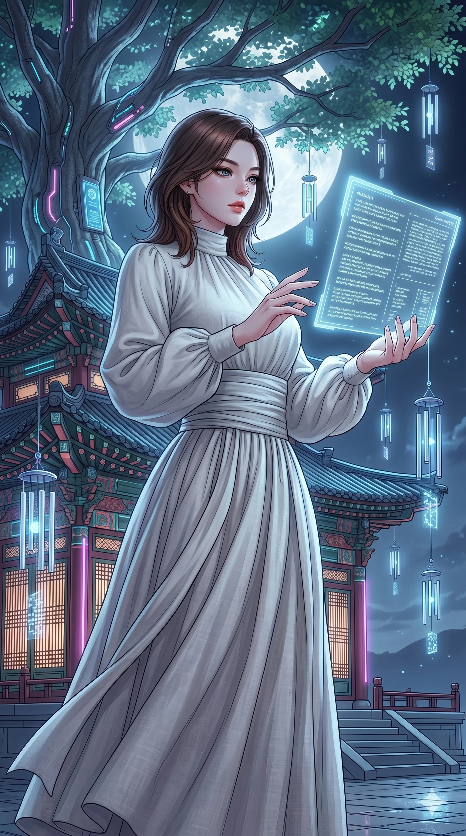 score_9, masterpiece, best quality, ultra-detailed, high-budget anime keyframe, editorial fashion photography, tasteful artistic composition, Korean woman. cowboy shot from the thighs up, character and outfit filling the frame for maximum editorial presence. gazing at a floating glowing manuscript, her expression composed, intelligent and powerful by a futuristic cyber-pagoda surrounded by floating digital wind chimes (Code-P17-014). She has an absolutely perfect 8-heads proportion, an exceptionally tall and slender female figure with impossibly long slender legs and an ultra-slim waist. V-shaped jawline, high-bridge nose, intricate jewel-like eyes with depth, thick eyelashes, glossy lips with a natural sheen. wearing a high-neck linen sundress with long puffed sleeves and a wide sash. soft silver moonlight filtered through the leaves, creating a mystical and elegant glow. 2k, ultra detail, master piece, 9:16 ratio