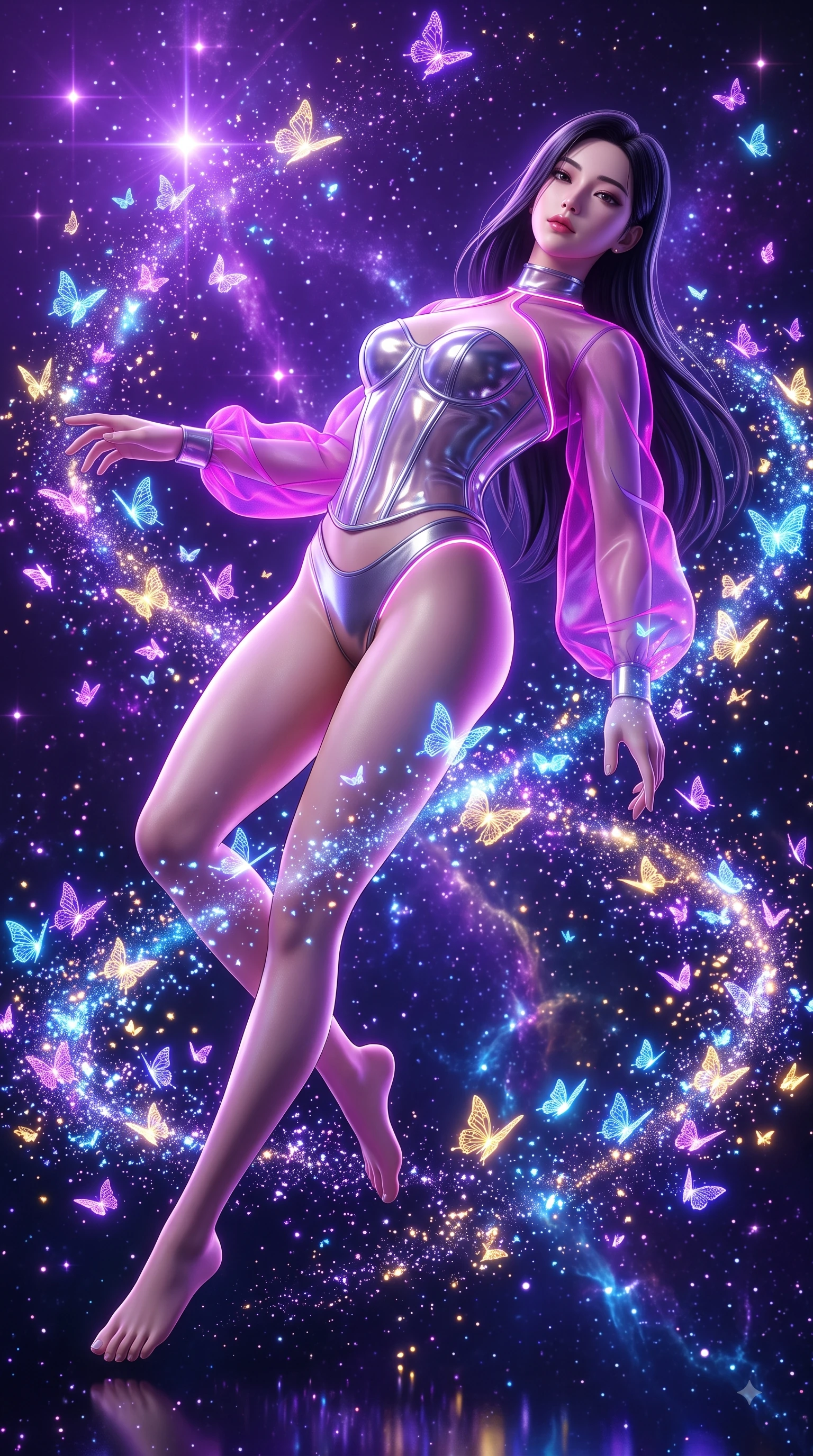 score_9, masterpiece, best quality, ultra-detailed, high-budget anime keyframe, semi-realistic 3D game render, editorial fashion photography, tasteful artistic composition, Korean woman. low angle full-body shot from head to toe showing her feet, filling the entire 9:16 vertical frame with her statuesque presence, stretching her vertical silhouette. arching her back in a fluid zero-gravity turn with sovereign grace, her long slender legs and sculpted torso creating a sweeping line while surrounded by thousands of glowing digital butterflies that orbit her body in glittering spirals. The surrounding environment is rendered in vivid detail and crisp panoramic clarity. intricate digital butterfly wing geometries, sparkling cosmic dust particles, and nebula filaments in deep focus. She has an absolutely perfect, statuesque 8.5-heads proportion, an exceptionally tall and slender model-like female figure with impossibly long slender legs and an ultra-slim waist. sharp v-shaped jawline, high-bridge nose, intricate jewel-like eyes with depth, thick eyelashes, glossy lips with a natural sheen, flawlessly proportioned anatomical accuracy, natural body alignment, perfectly sculpted elegant limbs, clean dynamic posture without body distortion. wearing a structured translucent cyber-corset paired with high-cut metallic bikini briefs and sheer organza sleeves in chromatic platinum and blazing neon magenta, made of liquid metal jersey that clings flawlessly to every contour of her build, accented with glowing fiber-optic seams tracing her collarbones and hip curves, the liquid-tight fabric adhering flawlessly to her sculpted torso and slender silhouette. bathed in brilliant purple starlight and brilliant blue and gold light from the butterflies. highly saturated vibrant anime colors, detailed shading with soft gradients, rich glossy textures, high-contrast stereoscopic depth, volumetric dynamic lighting, master piece, 9:16 ratio