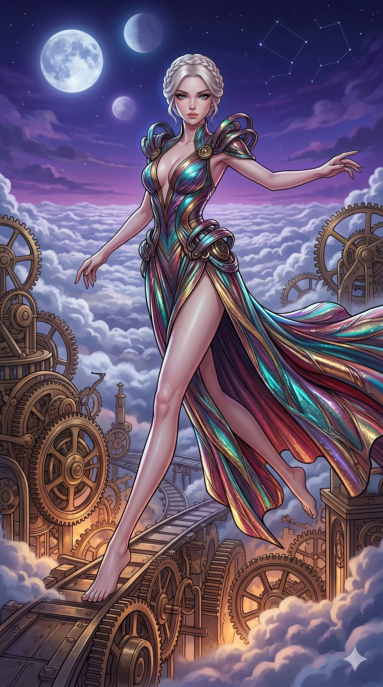 score_9, masterpiece, best quality, ultra-detailed, high-budget anime movie keyframe, cinematic anime lighting, intricate line art, Caucasian (strictly human ears) woman. Dynamic full-body shot stretching the vertical silhouette across the 9:16 frame. navigating a sea of clouds in a clockwork heart of a city under a twin-moon sky. She has an absolutely perfect 8-heads proportion, an exceptionally tall and slender female figure with an ultra-slim waist and impossibly long slender legs. sharp v-shaped jawline, high-bridge nose, intricate jewel-like eyes, thick eyelashes, glossy lips. Wearing avant-garde high-fashion gown made of iridescent vinyl with a dangerously high side slit and a plunging neckline, revealing an ultra-slim waist and long slender legs. The scene is illuminated by dramatic atmospheric lighting and vibrant color palettes. , 2k, ultra detail, master piece, 9:16 ratio