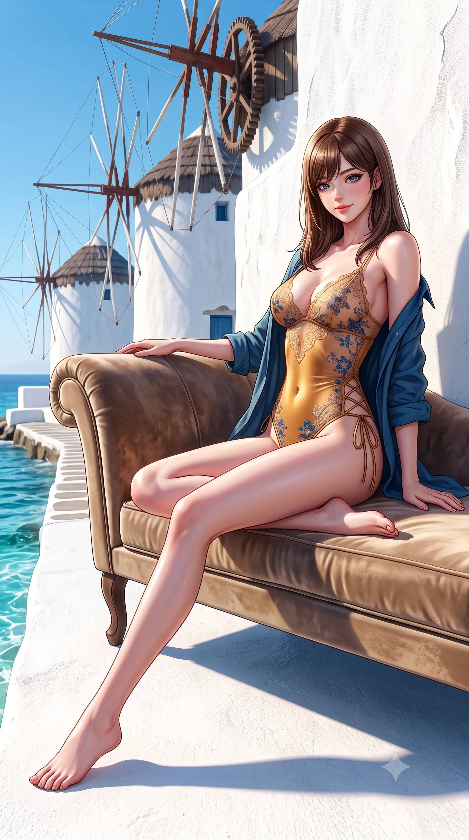 score_9, masterpiece, best quality, ultra-detailed, high-budget anime keyframe, semi-realistic 3D game render, editorial fashion photography, tasteful artistic composition, Korean woman. low angle full-body shot from head to toe showing her feet, filling the entire 9:16 vertical frame with her statuesque presence, stretching her vertical silhouette. reclining gracefully across the plush chaise lounge with one leg extended, her sculpted silhouette and flat midriff radiating magnetic nocturnal glamour while standing tall on the whitewashed boardwalk beside the historic windmills, arching her spine with effortless Aegean supermodel grace. The surrounding environment is rendered in vivid detail and crisp panoramic clarity: sharp stucco whitewash wall texture, rustic wooden windmill gear wheels, and turquoise sea foam clarity in deep focus. She has an absolutely perfect, statuesque 8.5-heads proportion, an exceptionally tall and slender model-like female figure with impossibly long slender legs, an ultra-slim waist, a flat toned midriff, narrow delicate ribcage, and beautifully sculpted feminine hips creating a graceful, slim hourglass silhouette without any bulky heaviness. sharp v-shaped jawline, high-bridge nose, sparkling eyes with hypnotic seductive depth, thick curled eyelashes, glossy parted lips with a natural dewy peach sheen, alluring bedroom-eyes with an enchanting coquettish smile, exuding magnetic siren charisma and sophisticated glamour, flawlessly proportioned anatomical accuracy, strict slender model proportions, natural body alignment, perfectly sculpted long slender limbs, ultra-slim waistline, clean dynamic posture without body distortion. wearing a delicate sheer floral lace beach teddy layered under an open linen shirt draped casually over bare shoulders in molten liquid gold and deep ocean sapphire, crafted from smooth liquid-tight stretch jersey emphasizing every curve of her body, featuring fine criss-cross lace-up side ties revealing tantalizing glimpses of her hip curve, the form-contouring silhouette accentuating her sculpted flat midriff, narrow delicate ribcage, and gracefully curvy hips with intoxicating allure. illuminated by Aegean water reflection fill and sharp platinum rim lights sculpting her delicate clavicles, narrow waist, and curvy hips. highly saturated vibrant anime colors, detailed shading with soft gradients, rich glossy textures, high-contrast stereoscopic depth, volumetric dynamic lighting, master piece, 9:16 ratio