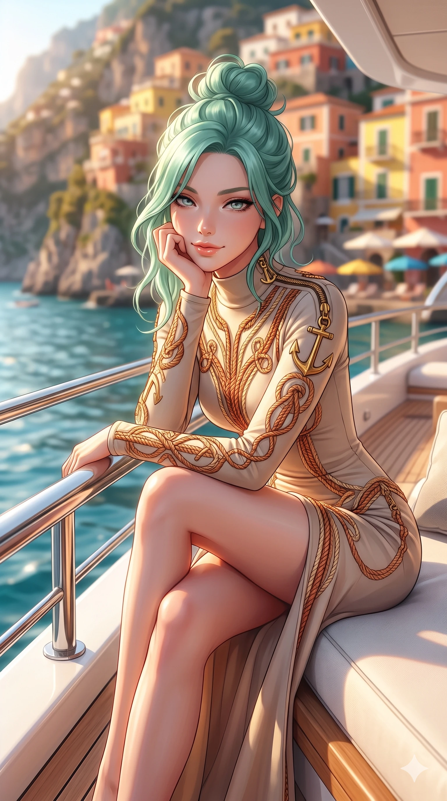 score_9, masterpiece, best quality, ultra-detailed, high-budget anime keyframe, semi-realistic 3D game render, editorial fashion photography, tasteful artistic composition, Japanese woman. close-up cowboy shot from the waist and thighs up, the character dominates the composition, filling the frame with her large presence. resting one elbow on the yacht railing and supporting her chin, leaning close to the camera with heavy-lidded sparkling eyes and parted lips while perched sideways on the lounge seat, one knee drawn up to showcase her slender leg line while her arched back accentuates her feminine hip curve. The background shows a soft-focus the dramatic vertical cliff of colorful Positano villas, stacked parasols, and turquoise sea blurred into terracotta, lemon, and azure bokeh. She has an exceptionally elegant, slender, and willowy female figure with an ultra-slim waist, flat toned midriff, narrow ribcage, and sculpted feminine hips creating an alluring, slim hourglass silhouette without bulk. sharp v-shaped jawline, high-bridge nose, sparkling eyes with hypnotic seductive depth, thick curled eyelashes, glossy parted lips with a natural dewy peach sheen, alluring bedroom-eyes with an enchanting coquettish smile, exuding magnetic siren charisma and sophisticated glamour, flawlessly proportioned anatomical accuracy, strict slender model proportions, natural body alignment, perfectly sculpted long slender limbs, ultra-slim waistline, clean dynamic posture without body distortion. wearing a prestigious high-neck long-sleeve silk resort maxi gown with modest silhouette and nautical rope embroidery in molten metallic copper and radiant beach sand, tailored from second-skin technical compression neoprene with athletic curve-sculpting stretch, finished with sleek heavy-duty brass anchor zip pulls and nautical hardware, the bespoke structured tailoring following the natural line of her 8.5-heads silhouette with refined elegance. bathed in brilliant Mediterranean late afternoon sunshine reflecting off the vertical cliff face and turquoise sea. highly saturated vibrant anime colors, detailed shading with soft gradients, rich glossy textures, high-contrast stereoscopic depth, volumetric dynamic lighting, master piece, 9:16 ratio