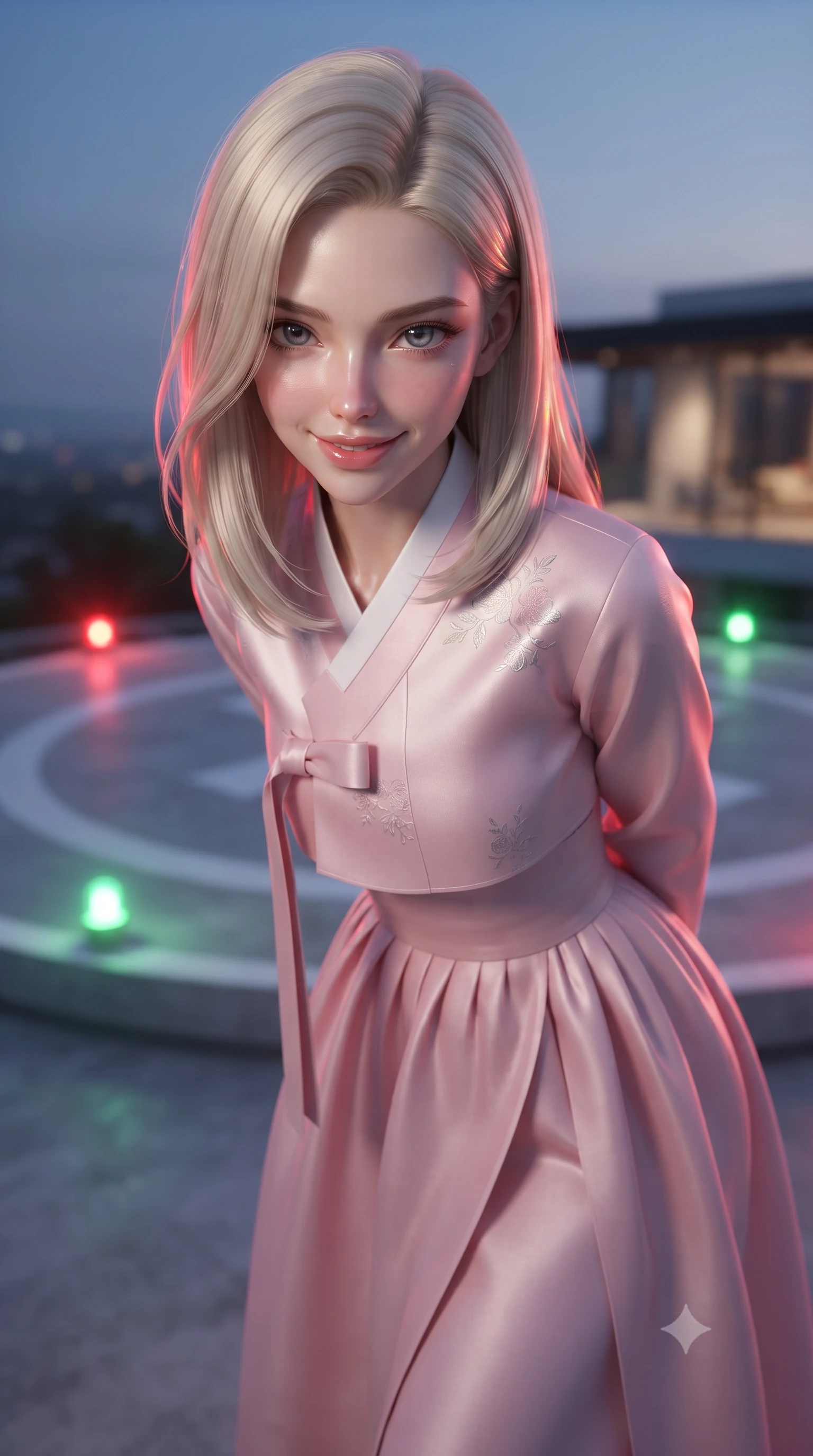 score_9, masterpiece, best quality, ultra-detailed, high-budget anime keyframe, editorial fashion photography, tasteful artistic composition, Caucasian woman. close-up cowboy shot from the waist and thighs up, the character dominates the composition, filling the frame with her large presence, background elements kept in soft focus. leaning slightly forward with a playful, teasing smile, her gaze locked onto the viewer the background shows a soft-focus a concrete helipad circle with blinking signal lights on top of a modern villa. She has an exceptionally elegant, slender, and willowy female figure with an ultra-slim waist, a gracefully sculpted slender torso, and a refined silhouette. sharp v-shaped jawline, high-bridge nose, intricate jewel-like eyes with depth, thick eyelashes, glossy lips with a natural sheen. wearing a slim-fit modern fusion hanbok jeogori in light pink silk, paired with a high-waisted wrap skirt. flashes of red and green beacon lights casting dynamic highlights on her form. ultra-reflective glossy finish, specular highlights, metallic sheen, high-contrast stereoscopic depth, volumetric dynamic lighting, 2k, ultra detail, master piece, 9:16 ratio