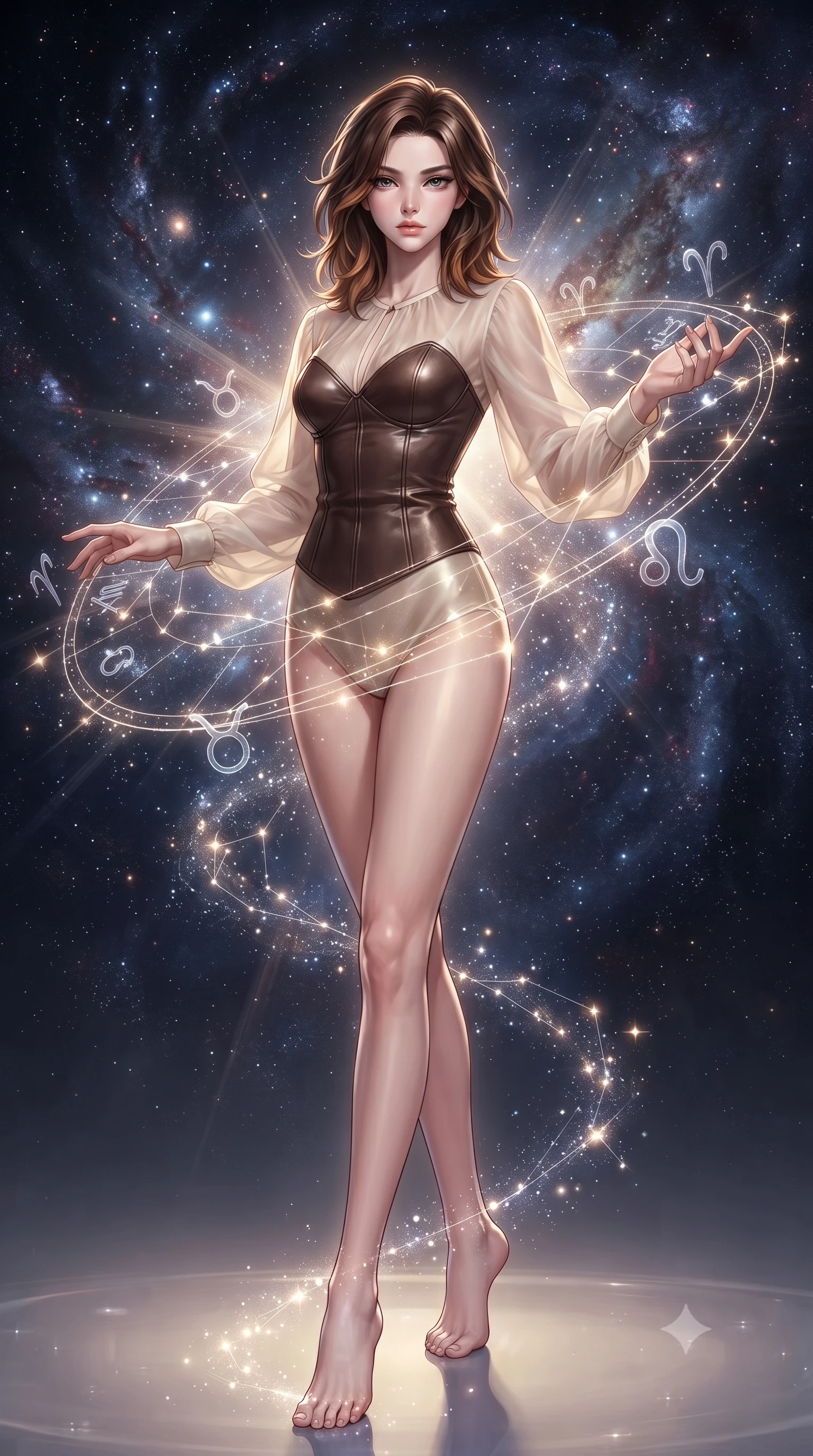 score_9, masterpiece, best quality, ultra-detailed, high-budget anime keyframe, editorial fashion photography, tasteful artistic composition, Korean woman. low angle full-body shot from head to toe showing her feet, filling the entire 9:16 vertical frame with her statuesque presence, stretching her vertical silhouette. interacting gracefully with the magical floating elements while maintaining a confident posture navigating a constellation map woven from starlight threads, translucent zodiac glyphs orbiting around her delicate hands. She has an absolutely perfect, statuesque 8.5-heads proportion, an exceptionally tall and slender model-like female figure with impossibly long slender legs and an ultra-slim waist. sharp v-shaped jawline, high-bridge nose, intricate jewel-like eyes with depth, thick eyelashes, glossy lips with a natural sheen. wearing a tailored leather bustier over a sheer silk chiffon blouse in espresso brown and warm cream, woven from fine semi-opaque sheer organza, accented with a Tasteful chest slit framing her clavicle gracefully, the elegant draped fit framing her graceful clavicle and slender torso. surrounded by a glowing aura of starlight and shimmering celestial rays. ultra-reflective glossy finish, specular highlights, metallic sheen, high-contrast stereoscopic depth, volumetric dynamic lighting, 2k, ultra detail, master piece, 9:16 ratio