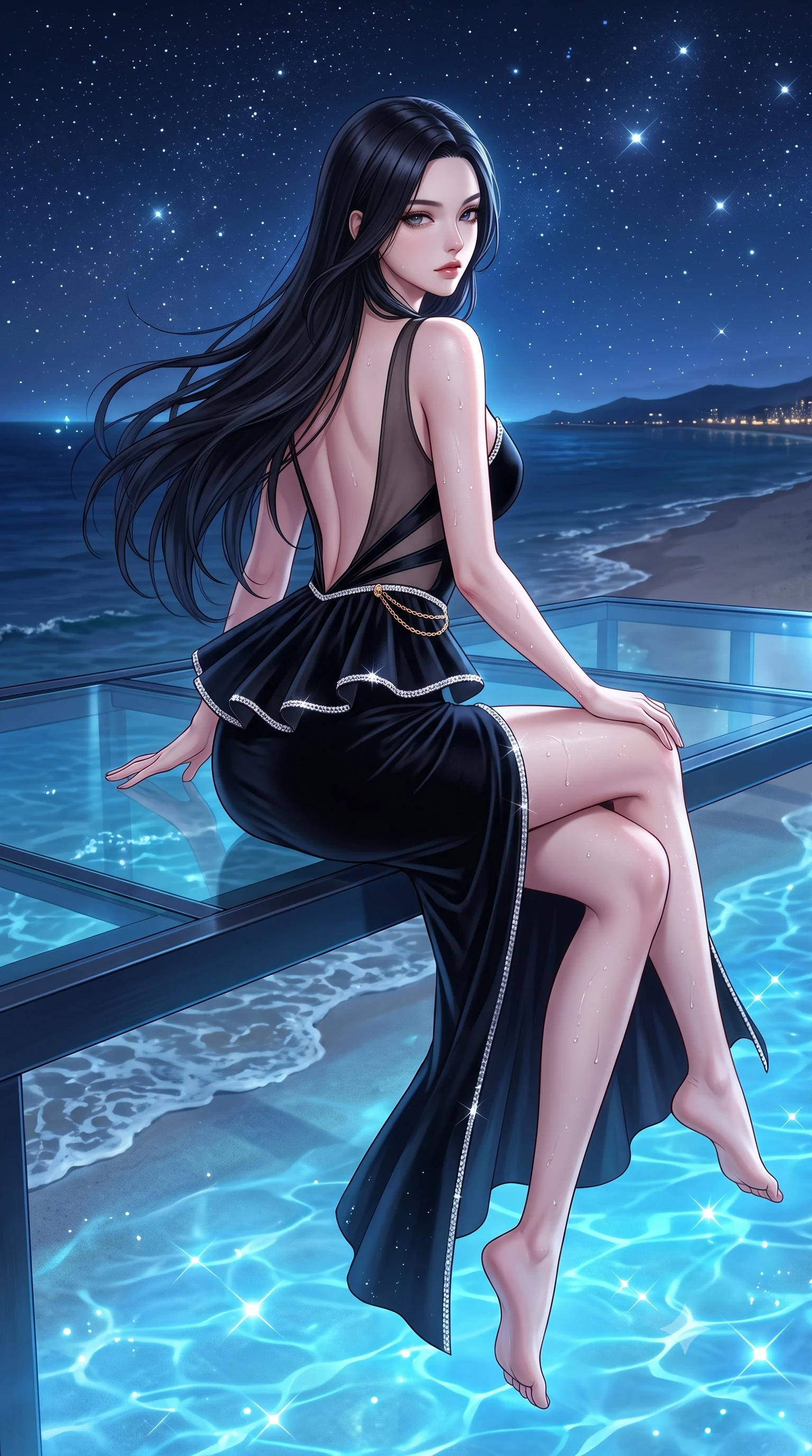 score_9, masterpiece, best quality, ultra-detailed, high-budget anime keyframe, semi-realistic 3D game render, editorial fashion photography, tasteful artistic composition, Korean woman. low angle full-body shot from head to toe showing her feet, filling the entire 9:16 vertical frame with her statuesque presence, stretching her vertical silhouette. executing an elegant mid-motion pivot turn as garments swirl around her slender limbs, glancing over her shoulder with an intoxicating bedroom-gaze while sitting perched on the edge of the glass floor terrace with legs crossed, her toned flat midriff glowing in the ethereal blue tide. The surrounding environment is rendered in vivid detail and crisp panoramic clarity. detailed swimwear fabric sheen, water droplet beads on skin, and starlit sky clarity in high resolution. She has an exceptionally tall and slender model-like 8.5-heads proportion, an ultra-slim waist, a flat toned midriff, narrow delicate ribcage, and beautifully sculpted feminine hips creating a graceful, slim hourglass silhouette without any bulky heaviness, with impossibly long slender legs. sharp v-shaped jawline, high-bridge nose, intricate jewel-like eyes with depth, thick eyelashes, glossy parted lips with a natural sheen, intensely captivating and seductive bedroom-eyes expression, flawlessly proportioned anatomical accuracy, strict slender model proportions, natural body alignment, perfectly sculpted long slender limbs, ultra-slim waistline, clean dynamic posture without body distortion. wearing a structural geometric peplum gown with sheer side-ribbon cutouts and form-fitting skirt in pitch-black velvet with diamond crystal trim, made of fluid silk crepe with delicate inner corsetry boning, accented with a delicate gold chain belt resting loosely on her curvy hips, the dramatically scooped open back descending to the base of her spine, accentuating her razor-sharp statuesque lines and slim hourglass silhouette. illuminated by sparkling aquatic highlights carving her razor-sharp jawline, narrow waist, and curvy hips. highly saturated vibrant anime colors, detailed shading with soft gradients, rich glossy textures, high-contrast stereoscopic depth, volumetric dynamic lighting, master piece, 9:16 ratio