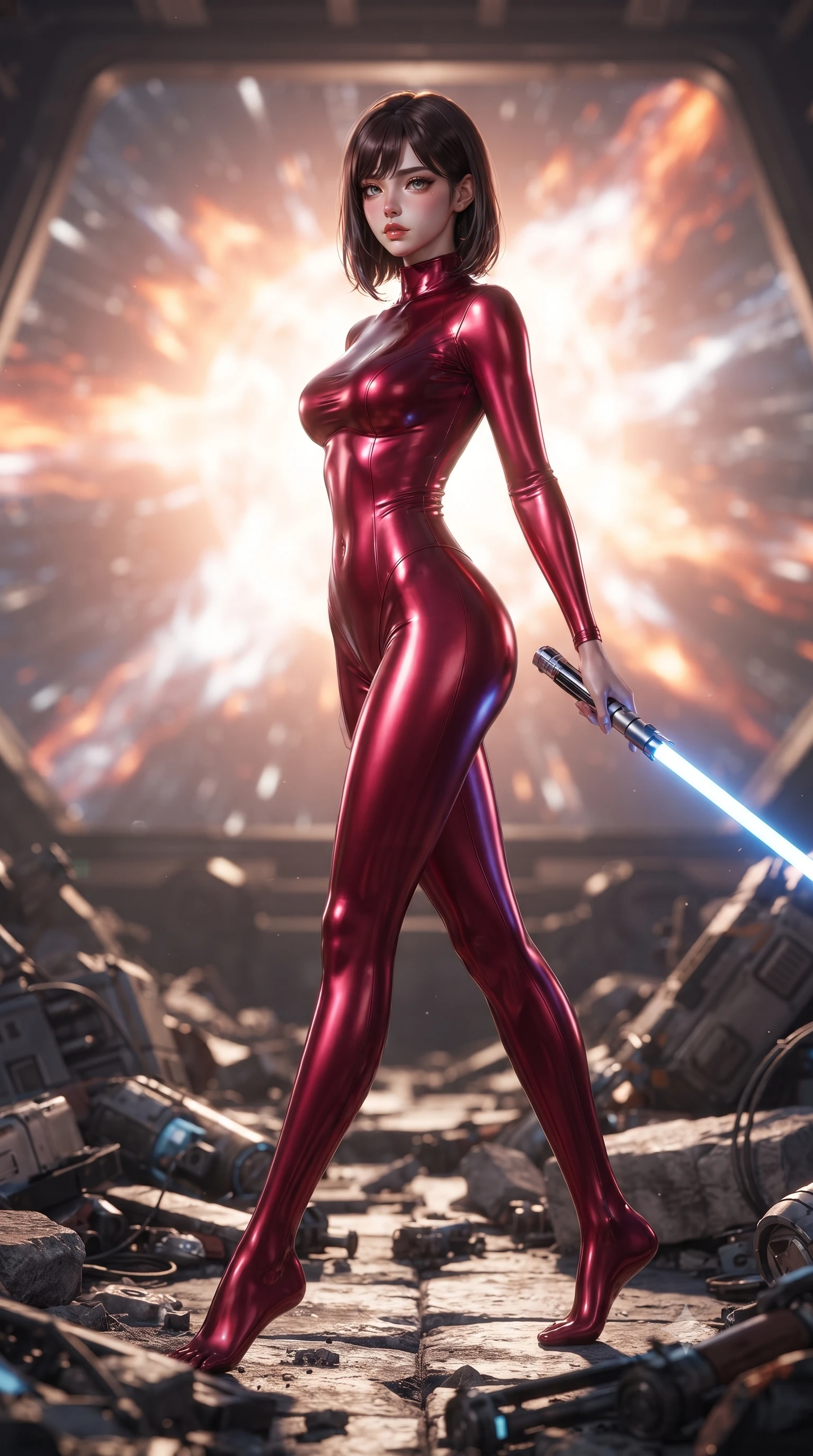 score_9, masterpiece, best quality, ultra-detailed, high-budget anime keyframe, editorial fashion photography, tasteful artistic composition, Korean woman. low angle full-body shot from head to toe showing her feet, filling the entire 9:16 vertical frame with her statuesque presence, stretching her vertical silhouette. stepping gracefully through battlefield debris with a glowing saber hilt in hand, looking back over her shoulder, the background shows a soft-focus the engine room viewing platform of a solar sail ship facing the fusion core. She has an absolutely perfect, statuesque 8.5-heads proportion, an exceptionally tall and slender model-like female figure with impossibly long slender legs and an ultra-slim waist. sharp v-shaped jawline, high-bridge nose, intricate jewel-like eyes with depth, thick eyelashes, glossy lips with a natural sheen. wearing a body-hugging form-contouring high-neck bodycon suit in deep crimson, contouring her athletic build like a second skin. shifting orange and white plasma flares casting high-contrast chiaroscuro shadows. ultra-reflective glossy finish, specular highlights, metallic sheen, high-contrast stereoscopic depth, volumetric dynamic lighting, 2k, ultra detail, master piece, 9:16 ratio