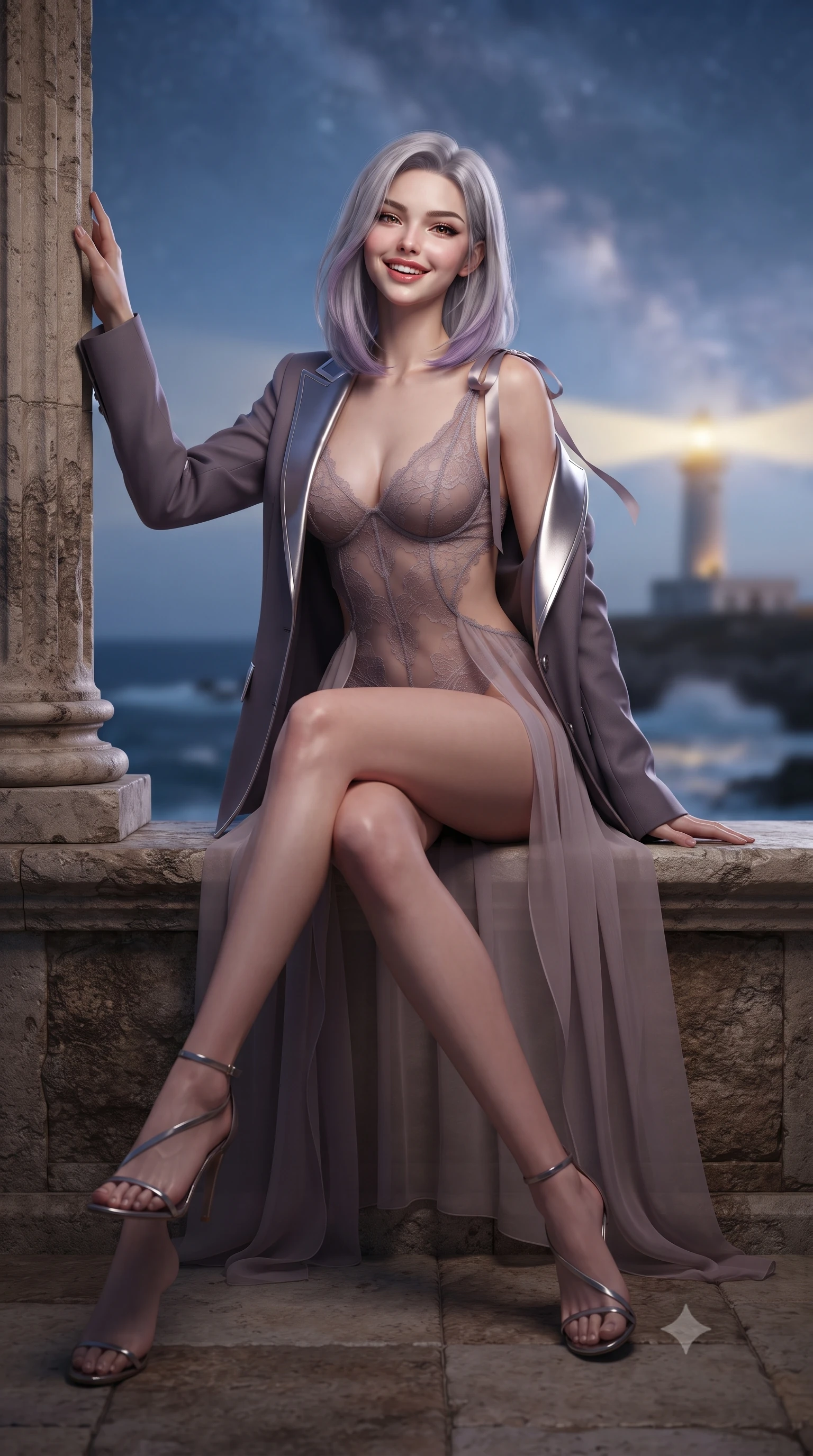 score_9, masterpiece, best quality, ultra-detailed, high-budget anime keyframe, editorial fashion photography, tasteful artistic composition, Caucasian woman. low angle full-body shot from head to toe showing her feet, filling the entire 9:16 vertical frame with her statuesque presence, stretching her vertical silhouette. standing tall beside the architectural column, one hand resting high while arching her lower back to emphasize her sculpted feminine hips and slender waist while sitting gracefully on the stone terrace bench with legs crossed, flashing an enchanting smile with parted glossy lips. The background shows a soft-focus sweeping golden beacon beam of Akrotiri lighthouse illuminating sea foam, distant southern Aegean horizons, and starry Milky Way blurred into amber, turquoise, and violet bokeh. She has an exceptionally tall and slender model-like 8.5-heads proportion, an ultra-slim waist, a flat toned midriff, narrow delicate ribcage, and beautifully sculpted feminine hips creating a graceful, slim hourglass silhouette without any bulky heaviness, with impossibly long slender legs. sharp v-shaped jawline, high-bridge nose, intricate jewel-like sparkling eyes with depth, thick eyelashes, glossy parted lips with a natural peach sheen, bright cheerful beaming smile with an enchanting and coquettish sensual glint, exuding both youthful cute charm and seductive allure, flawlessly proportioned anatomical accuracy, strict slender model proportions, natural body alignment, perfectly sculpted long slender limbs, ultra-slim waistline, clean dynamic posture without body distortion. wearing a delicate sheer French Chantilly lace teddy layered under an open tailored tuxedo blazer draped over bare shoulders in dusky lavender noir and liquid silver chrome, made of sheer gossamer chiffon that drapes softly against skin with airy translucence, finished with satin ribbon ties at the shoulders fluttering in the gentle breeze, the precision-cut side openings and low-back scoop framing her graceful spine and the sensual sweep of her slim, toned hips. illuminated by sea spray specular highlights and sharp platinum-gold rim lights defining her jawline, narrow waist, and curvy hips. ultra-reflective glossy finish, specular highlights, rich textural contrasts, high-contrast stereoscopic depth, volumetric dynamic lighting, 2k, ultra detail, master piece, 9:16 ratio