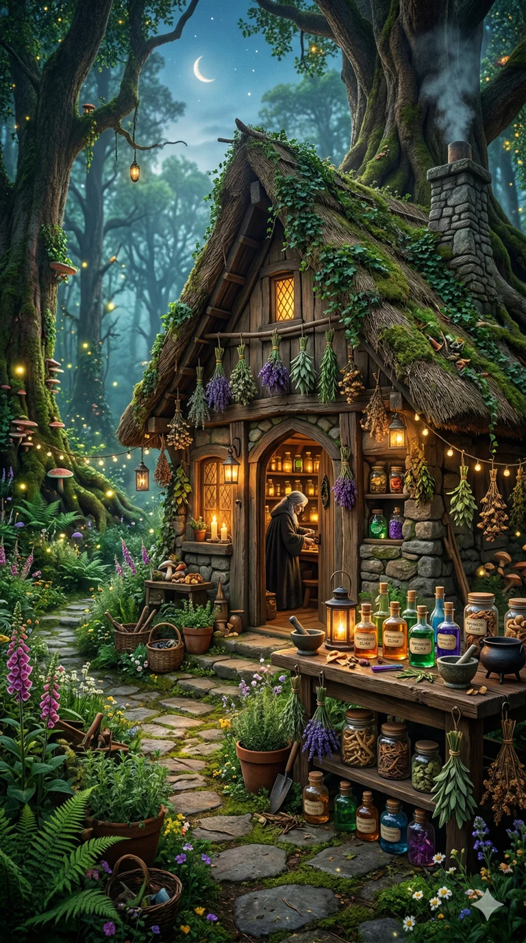 A witch's cottage in an enchanted forest with potions and herbs 2k, ultra detail, master piece, 9:16 ratio