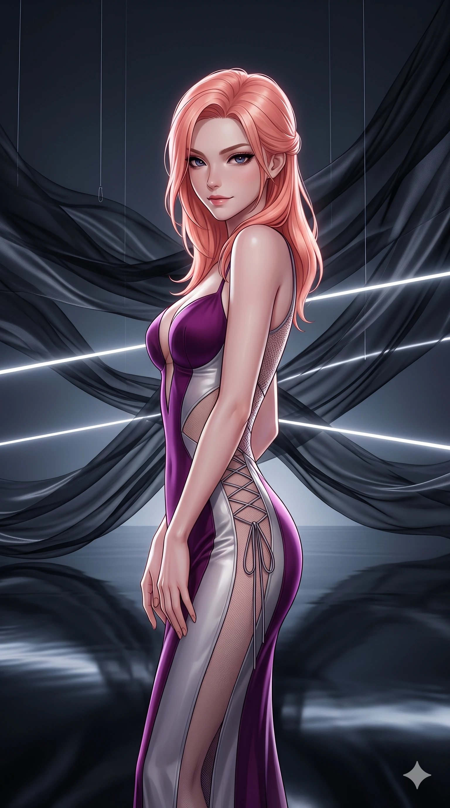 score_9, masterpiece, best quality, ultra-detailed, high-budget anime keyframe, semi-realistic 3D game render, editorial fashion photography, tasteful artistic composition, Japanese woman. close-up cowboy shot from the waist and thighs up, the character dominates the composition, filling the frame with her large presence. glancing sidelong over her shoulder with a smoldering, enigmatic half-smile that commands the frame while standing beneath soaring suspended waves of translucent black silk, looking into the lens with an air of effortless superiority and dark allure. The surrounding environment is rendered in vivid detail and crisp panoramic clarity: sharp sheer silk weave translucency, hanging monofilament wire lines, and mirror-polished floor clarity in deep focus. She has an exceptionally elegant, slender, and willowy female figure with an ultra-slim waist, flat toned midriff, narrow ribcage, and sculpted feminine hips creating an alluring, slim hourglass silhouette without bulk. sharp v-shaped jawline, high-bridge nose, intricate jewel-like dark sparkling eyes with hypnotic seductive depth, thick curled eyelashes, glossy parted lips with a natural wine sheen, alluring bedroom-eyes with an enigmatic smoldering smile, exuding magnetic sovereign charisma and dark avant-garde glamour, flawlessly proportioned anatomical accuracy, strict slender model proportions, natural body alignment, perfectly sculpted long slender limbs, ultra-slim waistline, clean dynamic posture without body distortion. wearing an alluring plunging sweetheart bodice dress with sheer mesh side-waist cutouts contouring her ribs in royal amaranth purple and liquid platinum, featuring strategic sheer-illusion micro-mesh cutouts along her ribcage and hip flanks, featuring fine criss-cross lace-up side ties revealing tantalizing glimpses of her hip curve, the form-fitting cut adhering flawlessly to her sculpted flat midriff and slender torso, emphasizing her long leg lines and perfectly proportioned willowy build. bathed in razor-thin horizontal white laser sheets slicing through billowing black silk. highly saturated vibrant anime colors, detailed shading with soft gradients, rich glossy textures, high-contrast stereoscopic depth, volumetric dynamic lighting, master piece, 9:16 ratio