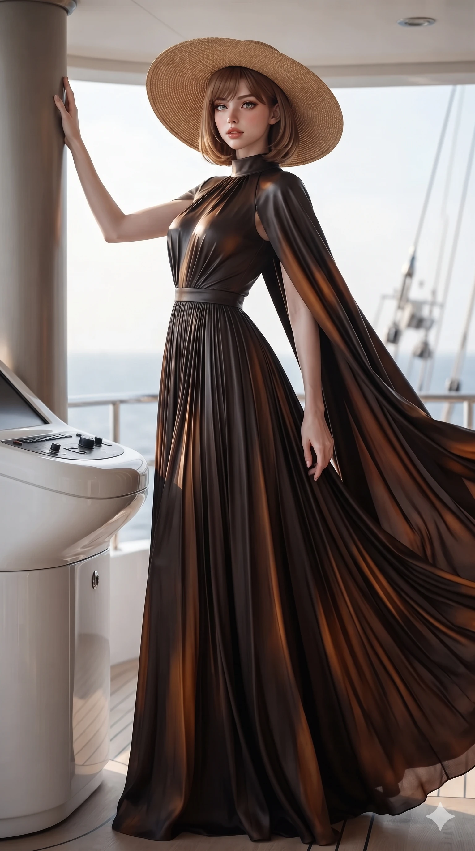 score_9, masterpiece, best quality, ultra-detailed, high-budget anime keyframe, editorial fashion photography, tasteful artistic composition, Caucasian woman. low angle full-body shot from head to toe showing her feet, filling the entire 9:16 vertical frame with her statuesque presence, stretching her vertical silhouette. standing tall beside the architectural column, one hand resting high while arching her lower back to emphasize her sculpted feminine hips and slender waist while twisting her slender torso in an alluring S-curve beside the curved white navigation console, maritime breezes whipping her garments open. The background shows a soft-focus high-altitude yacht flying bridge softened in open-ocean nautical shallow focus. She has an absolutely perfect, statuesque 8.5-heads proportion, an exceptionally tall and slender model-like female figure with impossibly long slender legs, an ultra-slim waist, a flat toned midriff, narrow delicate ribcage, and beautifully sculpted feminine hips creating a graceful, slim hourglass silhouette without any bulky heaviness. sharp v-shaped jawline, high-bridge nose, sparkling eyes with hypnotic seductive depth, thick curled eyelashes, glossy parted lips with a natural dewy peach sheen, alluring bedroom-eyes with an enchanting coquettish smile, exuding magnetic siren charisma and sophisticated glamour, flawlessly proportioned anatomical accuracy, strict slender model proportions, natural body alignment, perfectly sculpted long slender limbs, ultra-slim waistline, clean dynamic posture without body distortion. wearing a bespoke Mediterranean tailored cape-sleeve evening gown with high collar and fluid pleated skirt in dark espresso leather and warm amber highlights, tailored from heavy double-faced silk georgette with an exceptionally fluid drape, finished with a wide-brimmed woven straw sunhat tipped back to frame her face and long glossy hair, the impeccably tailored cut draping gracefully along her slender figure with aristocratic resort poise. illuminated by white deck surface bounce and sharp cyan-amber rim lights sculpting her razor-sharp jawline, narrow waist, and curvy hips. ultra-reflective glossy finish, specular highlights, rich textural contrasts, high-contrast stereoscopic depth, volumetric dynamic lighting, 2k, ultra detail, master piece, 9:16 ratio