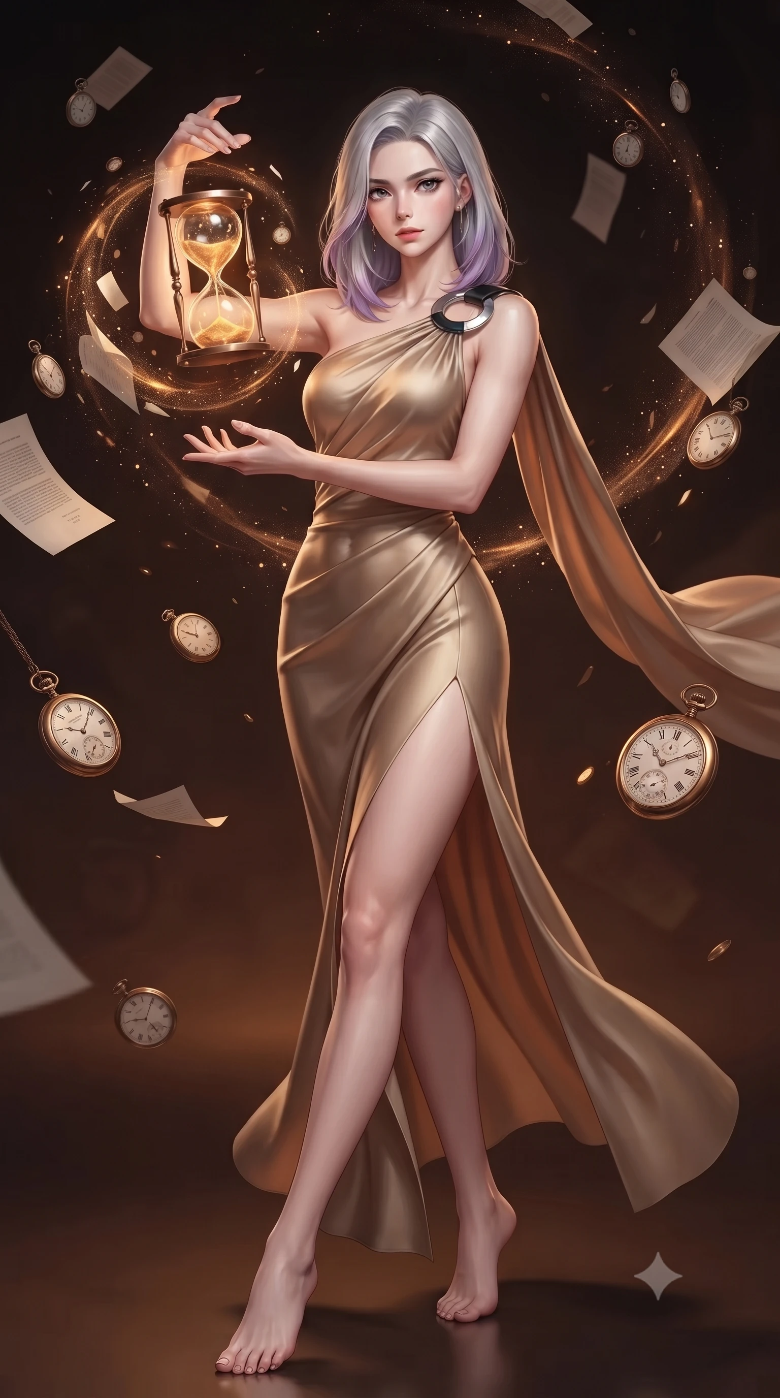 score_9, masterpiece, best quality, ultra-detailed, high-budget anime keyframe, editorial fashion photography, tasteful artistic composition, Caucasian woman. low angle full-body shot from head to toe showing her feet, filling the entire 9:16 vertical frame with her statuesque presence, stretching her vertical silhouette. interacting gracefully with the magical floating elements while maintaining a confident posture interacting with a glowing hour-glass orb freezing time particles around her, suspended paper documents and pocket watches frozen mid-air in amber resin light. She has an absolutely perfect, statuesque 8.5-heads proportion, an exceptionally tall and slender model-like female figure with impossibly long slender legs and an ultra-slim waist. sharp v-shaped jawline, high-bridge nose, intricate jewel-like eyes with depth, thick eyelashes, glossy lips with a natural sheen. wearing an asymmetrical Grecian draped chiffon gown with a metallic shoulder ring in matte black and polished silver, crafted from smooth liquid silk, finished with a sleek side slit ascending to mid-thigh, the glove-like fit emphasizing her statuesque silhouette. surrounded by a mysterious, timeless atmosphere with deep warm gradients. ultra-reflective glossy finish, specular highlights, metallic sheen, high-contrast stereoscopic depth, volumetric dynamic lighting, 2k, ultra detail, master piece, 9:16 ratio