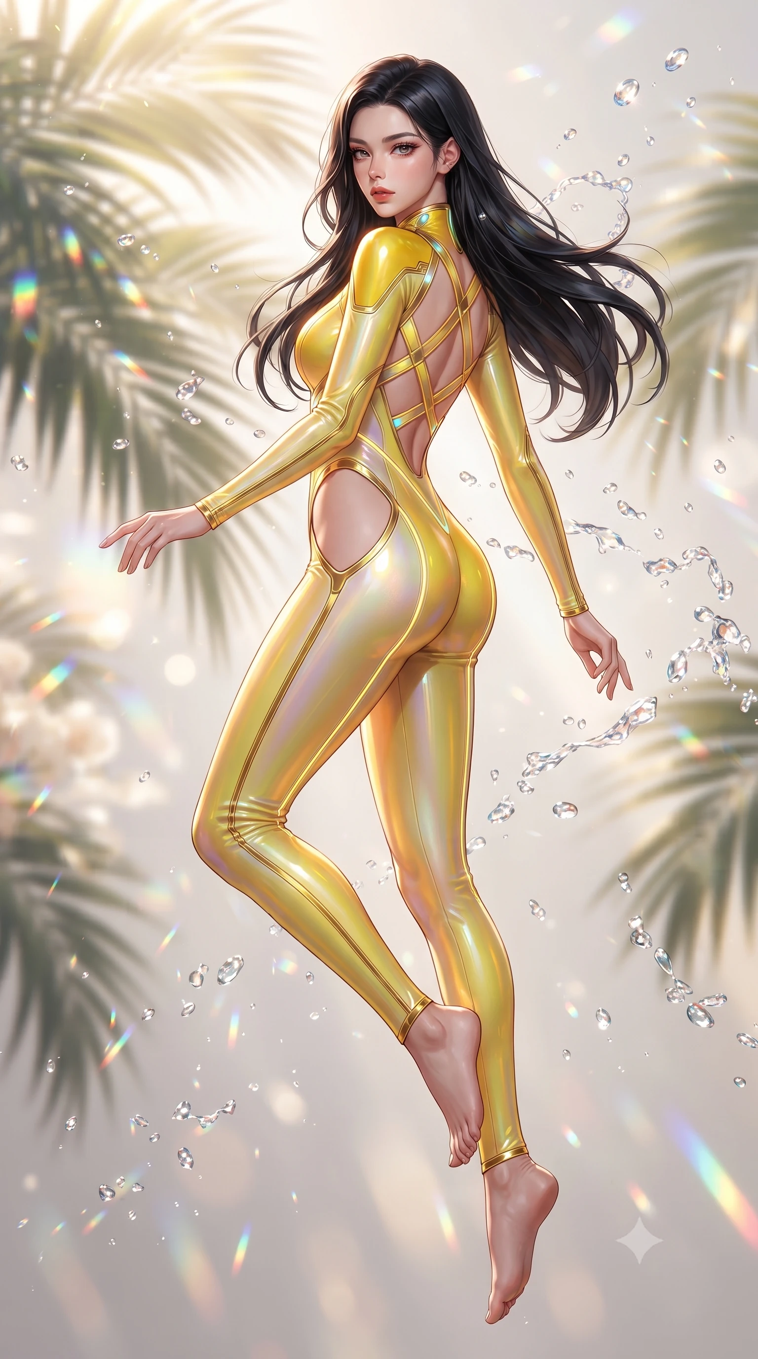 score_9, masterpiece, best quality, ultra-detailed, high-budget anime keyframe, editorial fashion photography, tasteful artistic composition, Korean woman. low angle full-body shot from head to toe showing her feet, filling the entire 9:16 vertical frame with her statuesque presence, stretching her vertical silhouette. performing an alluring mid-air vault with flawless poise, looking directly into the camera with smoldering intensity while pivoting dynamically beside giant tropical palm fronds as crystal water droplets splash like diamonds in mid-air. The composition keeps background elements in soft focus with creamy bokeh. sparkling sunlight water droplets scattering prismatic light motes across a luminous backdrop. She has an absolutely perfect, statuesque 8.5-heads proportion, an exceptionally tall and slender model-like female figure with impossibly long slender legs, a toned flat midriff, and an ultra-slim waist. sharp v-shaped jawline, high-bridge nose, intricate jewel-like eyes with depth, thick eyelashes, glossy lips with a natural sheen, flawlessly proportioned anatomical accuracy, strict slender model proportions, natural body alignment, perfectly sculpted long slender limbs, ultra-slim waistline, clean dynamic posture without body distortion. wearing a skin-tight cybernetic bodysuit with glowing neon seams, deep hip cutouts, and an aerodynamic athletic fit in vibrant sunburst canary yellow and gold trim, made of smooth iridescent silk chiffon that shifts colors with movement, complemented by criss-cross back straps highlighting her completely bare spine, the glove-like aerodynamic second-skin fit tightly clinging to her ultra-slender waist and athletic curves without adding bulk, accentuating her razor-sharp statuesque lines and slim hourglass silhouette. surrounded by an opulent, romantic, and breathtakingly fresh floral goddess atmosphere. ultra-reflective glossy finish, specular highlights, metallic sheen, high-contrast stereoscopic depth, volumetric dynamic lighting, 2k, ultra detail, master piece, 9:16 ratio