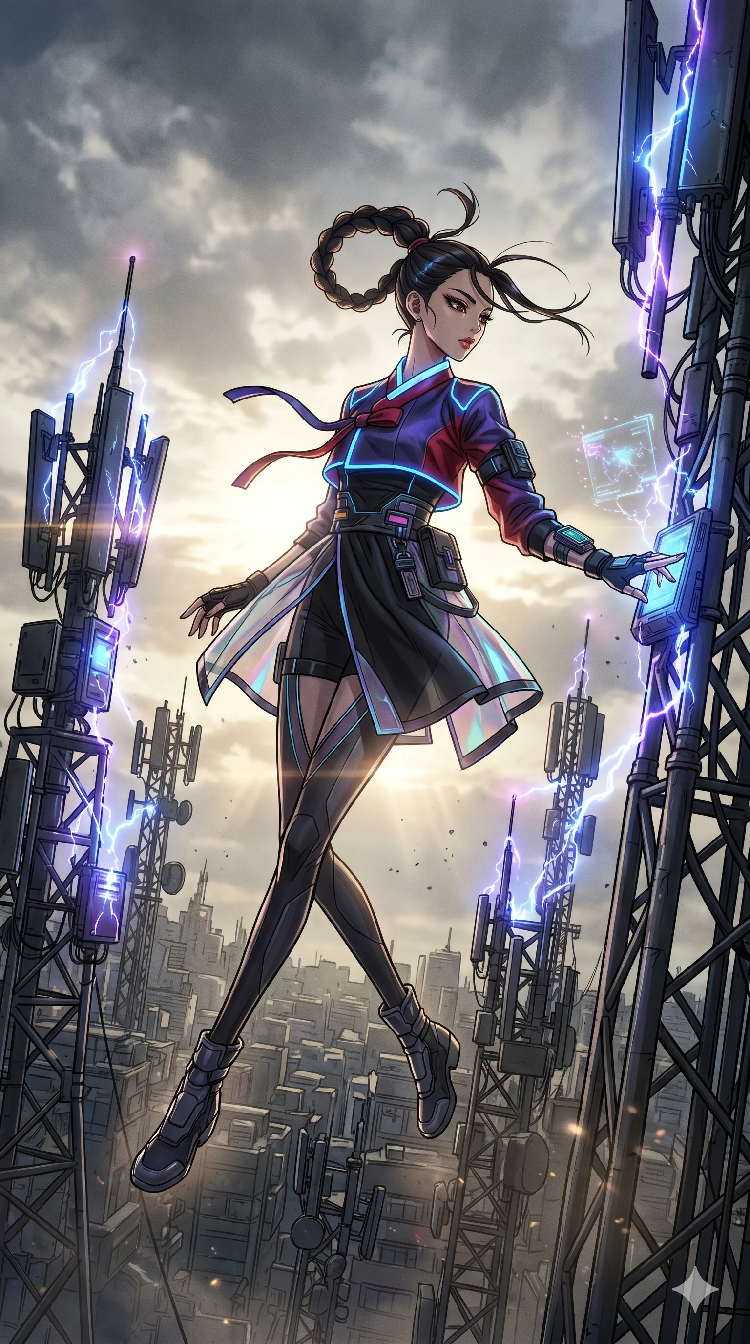 score_9, masterpiece, best quality, ultra-detailed, high-budget anime movie keyframe, cinematic anime lighting, intricate line art, Korean anime girl. Mid-air action shot capturing a graceful twist and vertical silhouette. interfacing with a forest of antenna that pulse with electricity. She has an absolutely perfect 8-heads proportion, an exceptionally tall and slender female figure with an ultra-slim waist and impossibly long slender legs. strictly human anatomy, two legs only, no extra limbs, clearly defined legs and arms, perfect anatomy, perfect hands and fingers. sharp v-shaped jawline, high-bridge nose, intricate jewel-like eyes, thick eyelashes, glossy lips. Wearing Modern Traditional: Shortened cyber-hanbok with fusion silk robes and transparent panels. The scene is illuminated by dramatic atmospheric lighting and vibrant color palettes. , 2k, ultra detail, master piece, 9:16 ratio