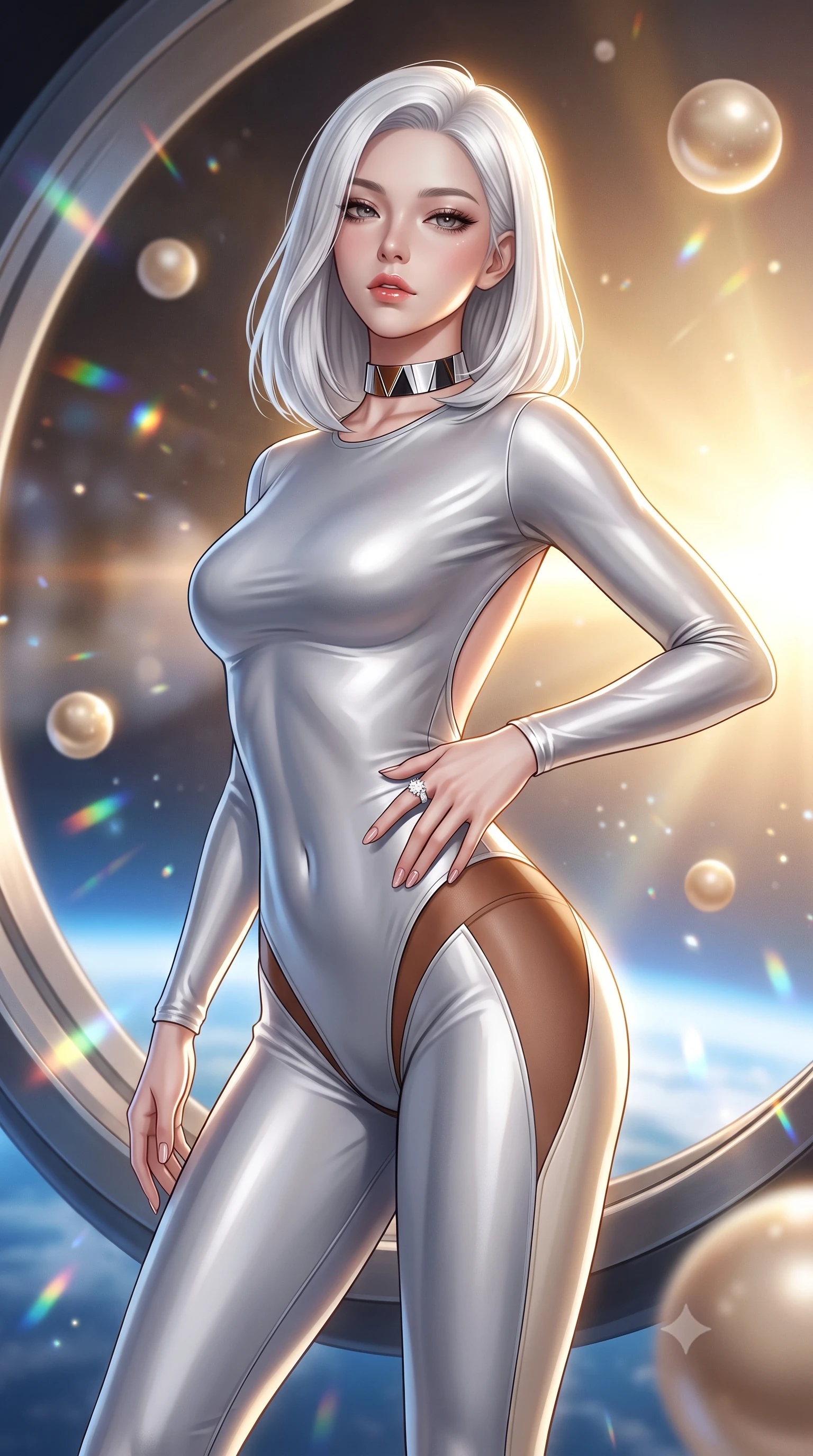 score_9, masterpiece, best quality, ultra-detailed, high-budget anime keyframe, semi-realistic 3D game render, editorial fashion photography, tasteful artistic composition, Korean woman. close-up cowboy shot from the waist and thighs up, the character dominates the composition, filling the frame with her large presence. resting one manicured hand delicately on her hip bone, her upper body turning in a fluid, seductive S-curve while parted lips glisten in the light while floating weightlessly beside an architectural titanium lounge ring, arching her spine in a fluid, dancer-like line as orbital sunrise floods her silhouette. The composition keeps background elements in soft focus with creamy bokeh. floating zero-gravity champagne spheres and prism reflections scattering radiant celestial light motes. She has an exceptionally elegant, slender, and willowy female figure with an ultra-slim waist, flat toned midriff, narrow ribcage, and sculpted feminine hips creating an alluring, slim hourglass silhouette without bulk. sharp v-shaped jawline, high-bridge nose, intricate jewel-like eyes with depth, thick eyelashes, glossy parted lips with a natural sheen, intensely captivating and seductive bedroom-eyes expression, flawlessly proportioned anatomical accuracy, strict slender model proportions, natural body alignment, perfectly sculpted long slender limbs, ultra-slim waistline, clean dynamic posture without body distortion. wearing a liquid-silver aerodynamic space-couture catsuit with an open scooped back and sheer contouring mesh hip panels in rich equestrian cognac brown and crisp champagne cream, tailored from liquid silk jersey adhering flawlessly to her slender build, complemented by a bold geometric choker and sparkling cocktail ring, the glove-like aerodynamic silhouette tightly following the natural contour of her hips and long slender legs with statuesque 8.5-heads elegance. bathed in radiant golden orbital sunrise backlighting and ambient cool blue Earth glow from below. highly saturated vibrant anime colors, detailed shading with soft gradients, rich glossy textures, high-contrast stereoscopic depth, volumetric dynamic lighting, master piece, 9:16 ratio