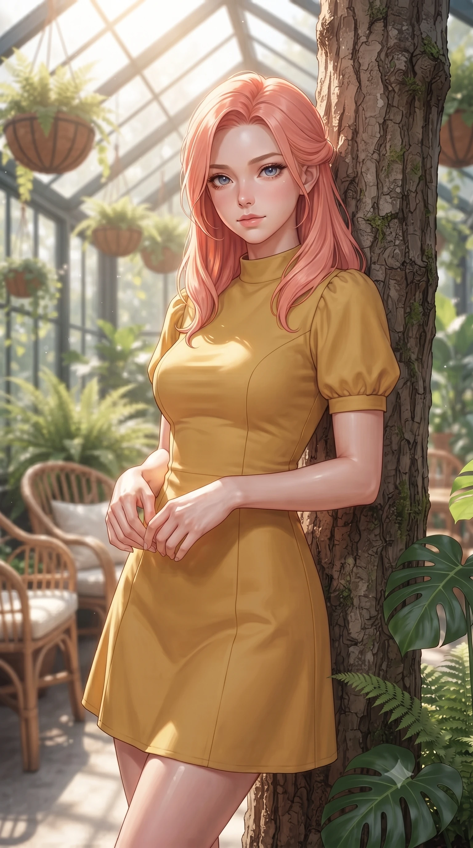 score_9, masterpiece, best quality, ultra-detailed, high-budget anime keyframe, editorial fashion photography, tasteful artistic composition, Japanese woman woman. close-up cowboy shot from the waist and thighs up, the character dominates the composition, filling the frame with her large presence, background elements kept in soft focus. standing relaxed against a tree trunk, sharing a quiet, serene moment with the viewer the background shows a soft-focus a café situated inside a renovated glass greenhouse, with hanging plant baskets and rattan chairs. She has an exceptionally elegant, slender, and willowy female figure with an ultra-slim waist, a gracefully sculpted slender torso, and a refined silhouette. sharp v-shaped jawline, high-bridge nose, intricate jewel-like eyes with depth, thick eyelashes, glossy lips with a natural sheen. wearing a slim-fit mustard yellow cotton sundress with a modest high neckline and short puff sleeves. bright afternoon sun rays illuminating the entire green space. ultra-reflective glossy finish, specular highlights, metallic sheen, high-contrast stereoscopic depth, volumetric dynamic lighting, 2k, ultra detail, master piece, 9:16 ratio