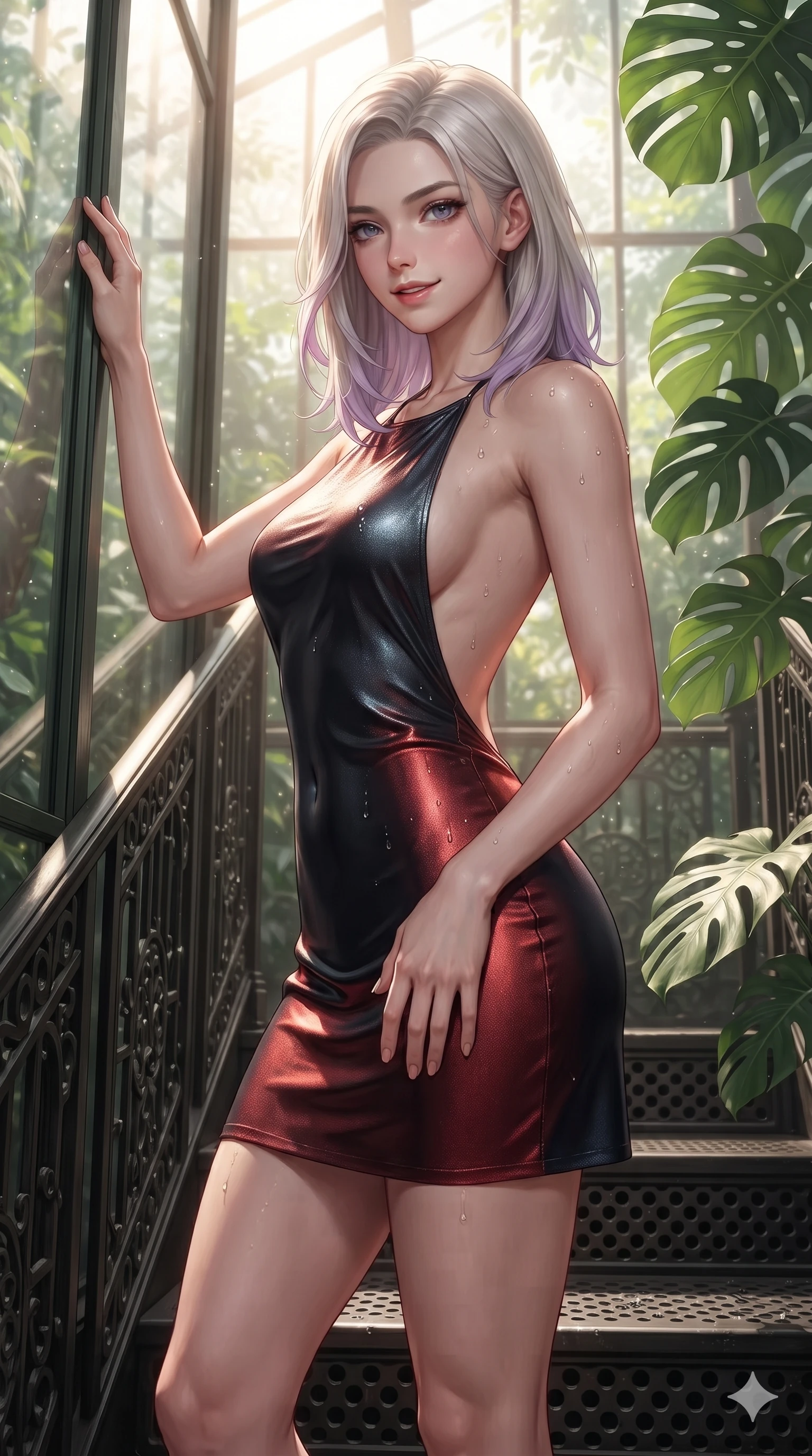 score_9, masterpiece, best quality, ultra-detailed, high-budget anime keyframe, editorial fashion photography, tasteful artistic composition, Caucasian woman. close-up cowboy shot from the waist and thighs up, the character dominates the composition, filling the frame with her large presence. tilting her head with a teasing half-smile, running one hand slowly down the side of her hip in a flirtatious S-curve as ambient light caresses her silhouette while standing tall on the perforated iron staircase landing, one hand resting high while arching her lower back to emphasize her sculpted feminine hips and slender waist. The surrounding environment is rendered in vivid detail and crisp panoramic clarity: sharp perforated cast-iron stair tread filigree, split monstera leaf venation, and glasshouse mullion rivet textures in deep focus. She has an exceptionally elegant, slender, and willowy female figure with an ultra-slim waist, flat toned midriff, narrow ribcage, and sculpted feminine hips creating an alluring, slim hourglass silhouette without bulk. sharp v-shaped jawline, high-bridge nose, sparkling eyes with hypnotic seductive depth, thick curled eyelashes, glossy parted lips with a natural dewy peach sheen, alluring bedroom-eyes with an enchanting coquettish smile, exuding magnetic siren charisma and sophisticated glamour, flawlessly proportioned anatomical accuracy, strict slender model proportions, natural body alignment, perfectly sculpted long slender limbs, ultra-slim waistline, clean dynamic posture without body distortion. wearing an alluring backless metallic lamé halterneck mini dress with deep scoop back down to her lower spine in midnight obsidian black and rich cinnabar red, crafted from fluid liquid silk satin that clings smoothly to every curve with a dewy sheen, finished with glistening moisture droplets beading across her sculpted shoulders and flat midriff, the impeccably tailored cut draping gracefully along her slender figure with aristocratic botanical poise. bathed in vertical shafts of bright morning sun penetrating the dense botanical glasshouse canopy. ultra-reflective glossy finish, specular highlights, rich textural contrasts, high-contrast stereoscopic depth, volumetric dynamic lighting, 2k, ultra detail, master piece, 9:16 ratio