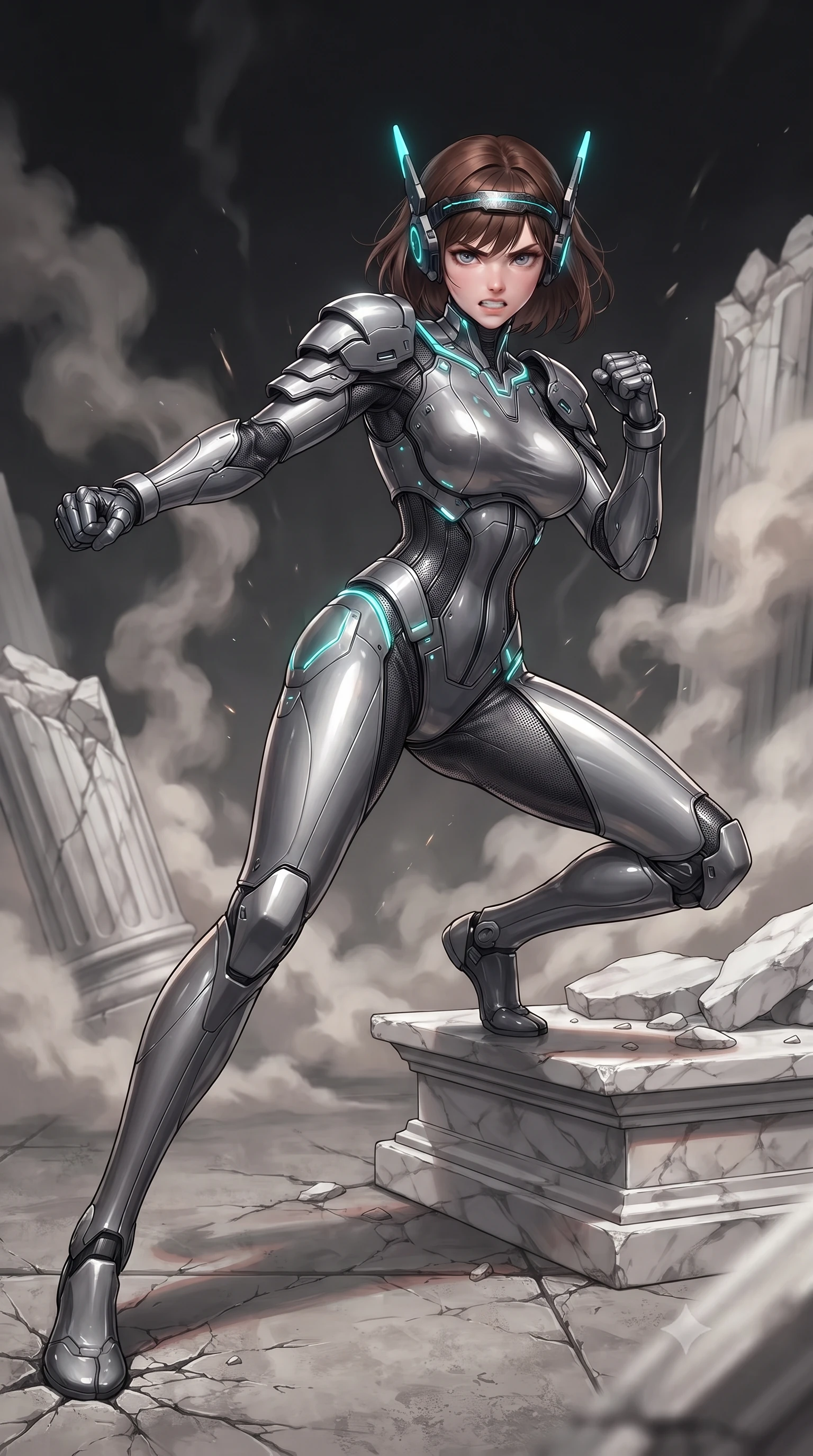 score_9, masterpiece, best quality, ultra-detailed, high-budget anime keyframe, editorial fashion photography, tasteful artistic composition, Korean woman. low angle full-body shot from head to toe showing her feet, filling the entire 9:16 vertical frame with her statuesque presence, stretching her vertical silhouette. pivoting dynamically in a high-speed low sweep kick along the cracked concrete, her athletic torso and ultra-slim waist twisting in a fluid arc of power while landing in a low defensive crouch on the cracked marble altar with fists clenched in unwavering resolve. The composition keeps background elements in soft focus with creamy bokeh. shattered marble pillars and rising smoke plumes softened in dramatic shallow focus. She has an absolutely perfect, statuesque 8.5-heads proportion, an exceptionally tall and slender model-like female figure with impossibly long slender legs, a toned flat midriff, and an ultra-slim waist. sharp v-shaped jawline, high-bridge nose, intricate jewel-like eyes with depth, thick eyelashes, glossy lips with a natural sheen, fierce and resolute heroine expression, flawlessly proportioned anatomical accuracy, strict slender model proportions, natural body alignment, perfectly sculpted long slender limbs, ultra-slim waistline, clean dynamic posture without body distortion. wearing a lightweight carbon-fiber tactical sensory headpiece with glowing cyan ear-antennae and an ultra-thin forehead HUD brow-band, paired with a statuesque high-fashion cyber-warrior armor suit with platinum bevels, heavy articulated shoulder guards, and an ultra-slim waist-cinching corset in storm-grey carbon mesh with high-contrast white hazard stripes, formed from high-gloss patent carbon-plating with specular dystopian chiaroscuro reflections, accented with glowing fiber-optic telemetry conduits tracing her collarbones and hip curves, the form-contouring material adhering flawlessly to her sculpted flat midriff and slender torso, emphasizing her long leg lines and perfectly proportioned willowy build. surrounded by an awe-inspiring, tragic, and radiantly unbreakable warrior goddess aura. ultra-reflective glossy finish, specular highlights, dark metallic sheen, high-contrast stereoscopic depth, volumetric dynamic lighting, 2k, ultra detail, master piece, 9:16 ratio
