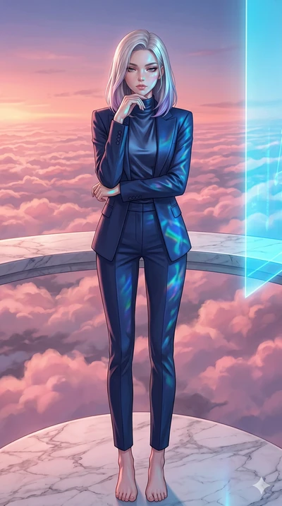 score_9, masterpiece, best quality, ultra-detailed, high-budget anime keyframe, editorial fashion photography, tasteful artistic composition, Caucasian woman, strictly human ears. low angle full-body shot from head to toe showing her feet, filling th