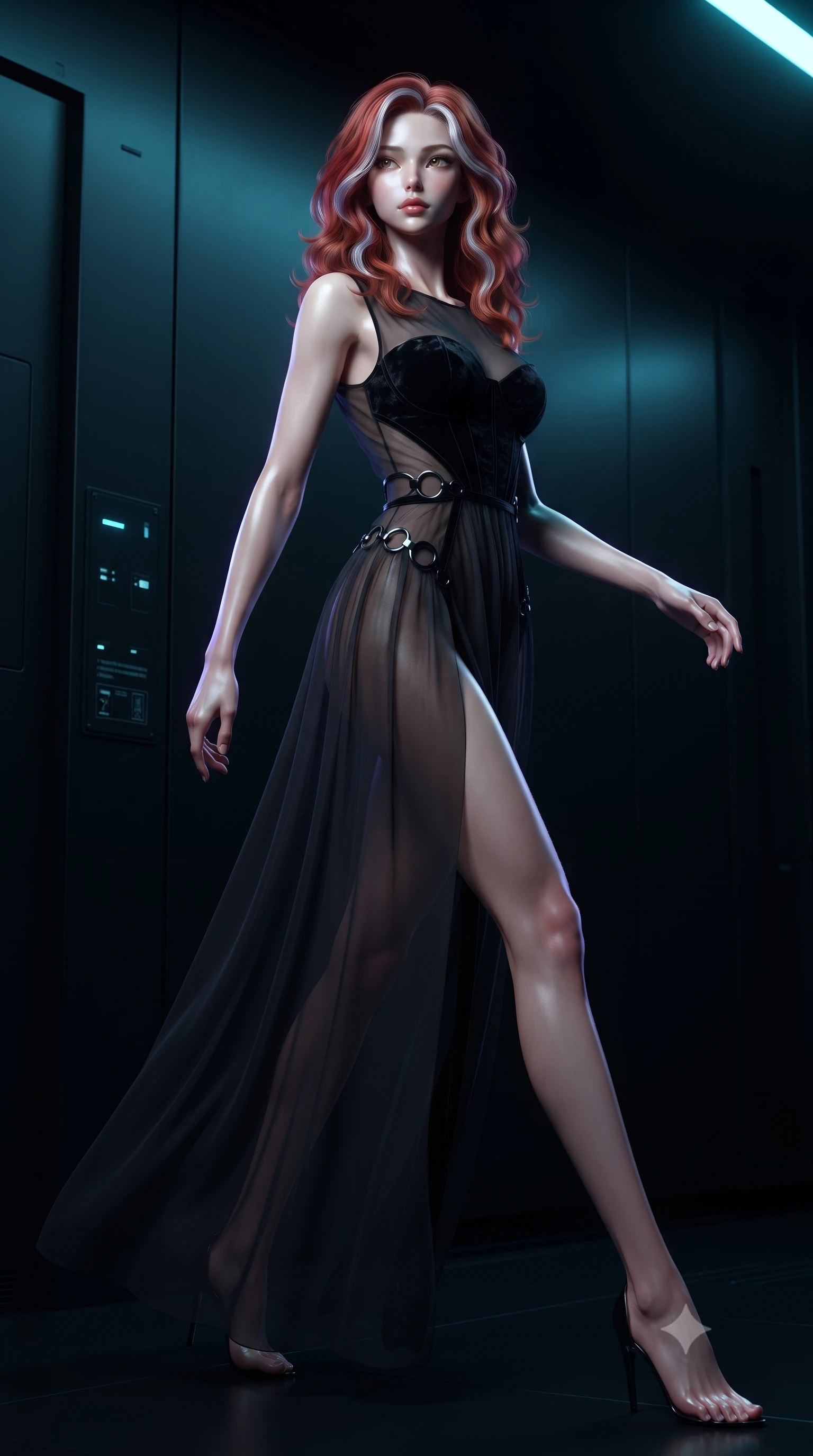 score_9, masterpiece, best quality, ultra-detailed, high-budget anime keyframe, editorial fashion photography, tasteful artistic composition, Caucasian woman. low angle full-body shot from head to toe showing her feet, filling the entire 9:16 vertical frame with her statuesque presence, stretching her vertical silhouette. stepping gracefully through the dark environment, stretching her statuesque silhouette, resting against a matte black alloy wall illuminated by dark blue indicator lights, high-contrast matte and gloss texture contrasts on her outfit. She has an absolutely perfect, statuesque 8.5-heads proportion, an exceptionally tall and slender model-like female figure with impossibly long slender legs and an ultra-slim waist. sharp v-shaped jawline, high-bridge nose, intricate jewel-like eyes with depth, thick eyelashes, glossy lips with a natural sheen. wearing semi-opaque sheer dark chiffon gown revealing structured bodice silhouette in pitch-black onyx, made of crushed dark silk velvet, trimmed with dark chrome ring hardware along the waist contours, contouring every curve with an exceptionally elegant silhouette. illuminated by sharp cyan stasis light and dark violet laser rim lighting. ultra-reflective glossy finish, specular highlights, metallic sheen, high-contrast stereoscopic depth, volumetric dynamic lighting, 2k, ultra detail, master piece, 9:16 ratio